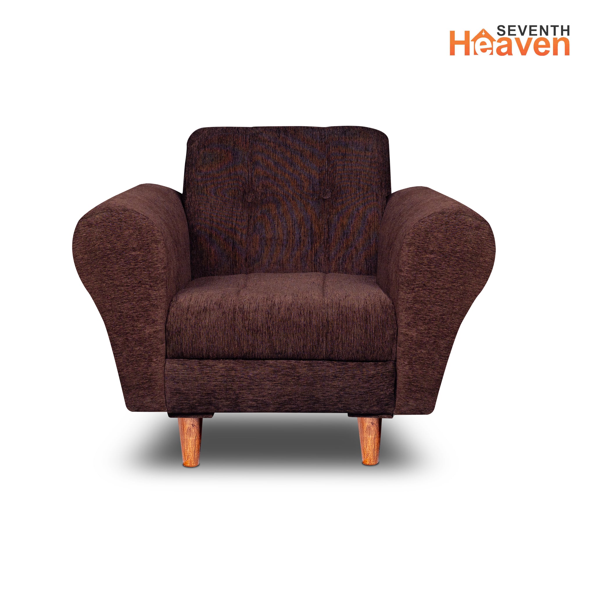 Seventh Heaven Milan 1 Seater Wooden Sofa Set Modern & Elegant Smart Furniture Range for luxurious homes, living rooms and offices. Brown Colour Molphino fabric with sheesham polished wooden legs.