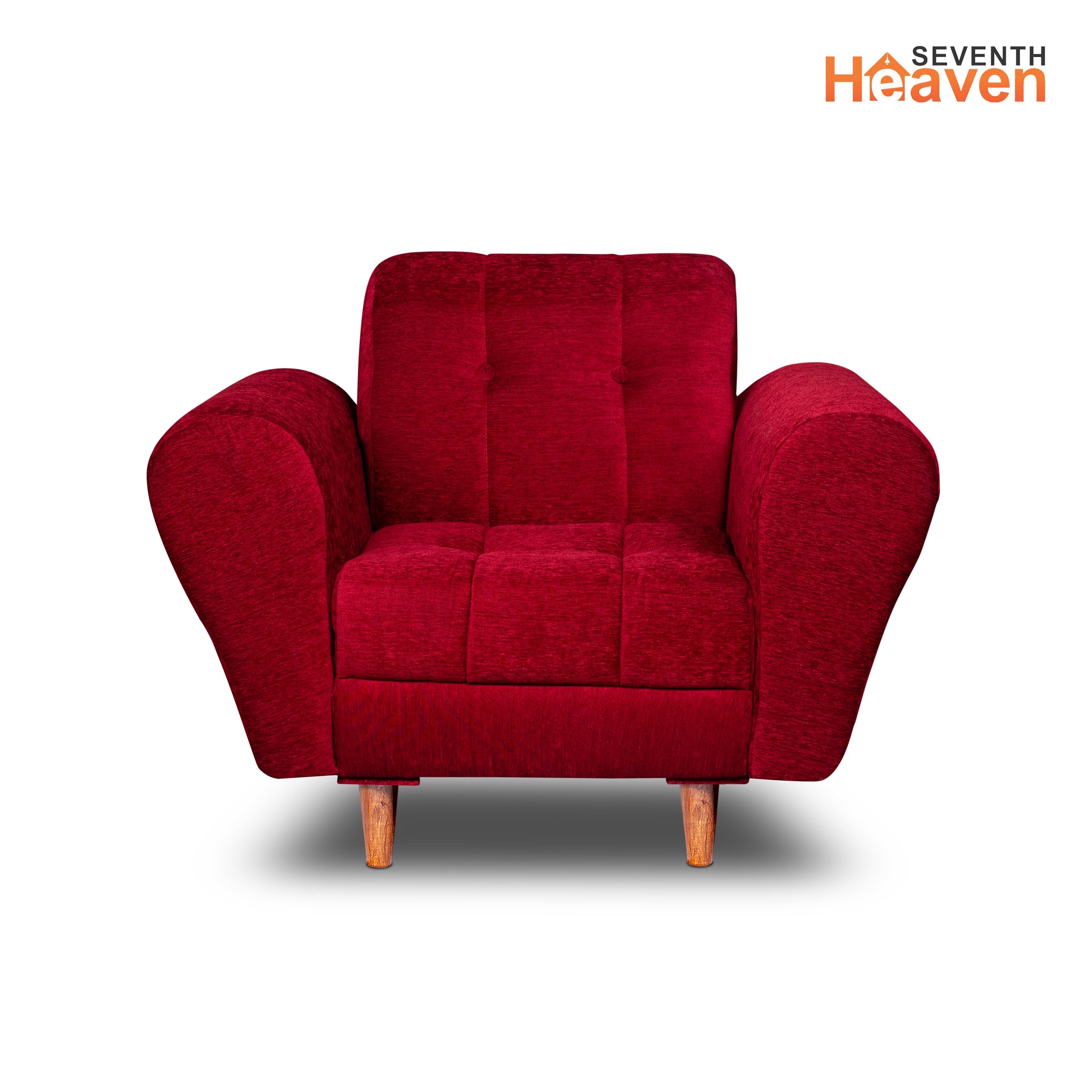 Seventh Heaven Milan 1 Seater Wooden Sofa Set Modern & Elegant Smart Furniture Range for luxurious homes, living rooms and offices. Maroon Colour Molphino fabric with sheesham polished wooden legs.