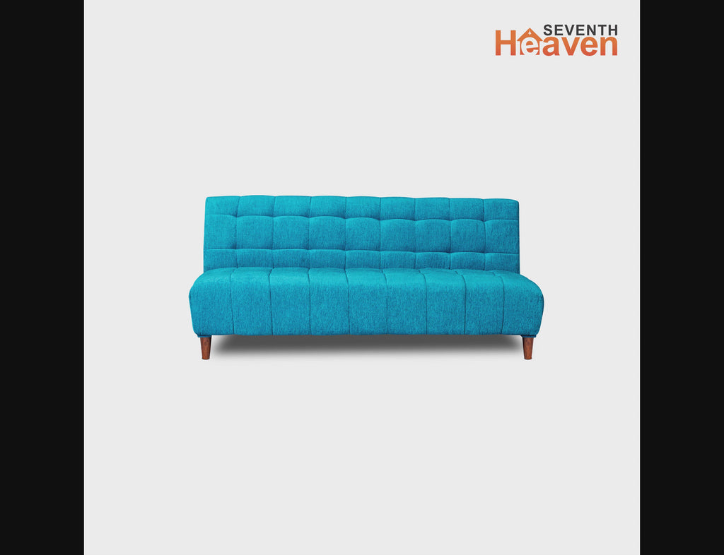Seventh Heaven Florida 4 Seater Wooden Sofa Cum Bed. Modern & Elegant Smart Furniture Range for luxurious homes, living rooms and offices. Use as a sofa, lounger or bed. Perfect for guests. Molphino fabric with sheesham polished wooden legs. Sky Blue colour.
