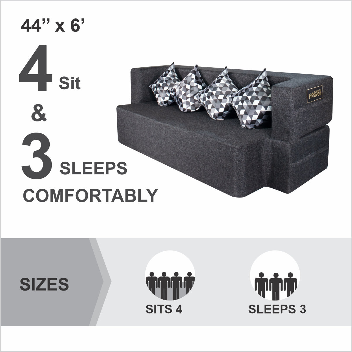 Dark Grey Jute Fabric (78"X44"X14") FlipperX Sofa Bed with Printed Cushion