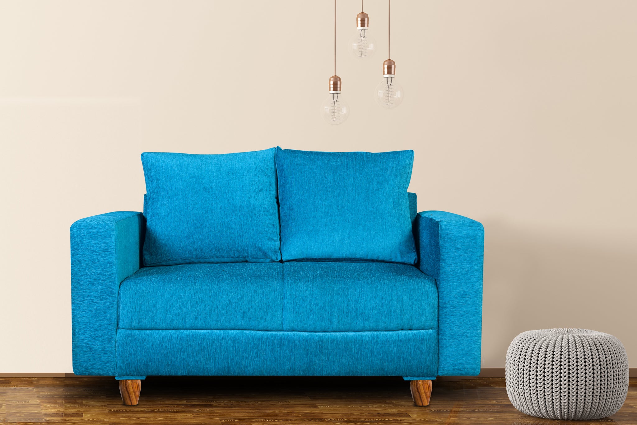 Seventh Heaven Rio 2 Seater Wooden Sofa Set Modern & Elegant Smart Furniture Range for luxurious homes, living rooms and offices. Microfiber back cushions for extra comfort and spacious sitting. Blue Colour Molphino fabric with sheesham polished wooden legs. 