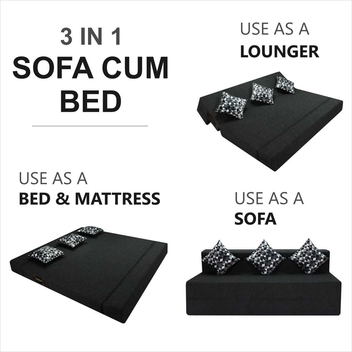 Grey Jute Fabric 6×6 Sofa cum Bed with Printed Cushion