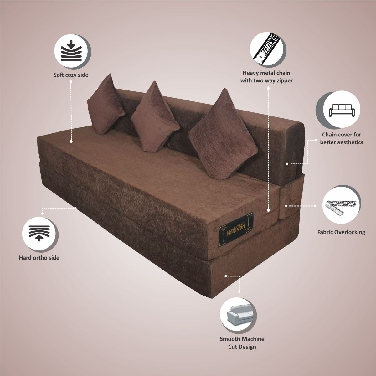 Brown Chenille Molfino Fabric 6×6 Sofa cum Bed with 3 Cushion
