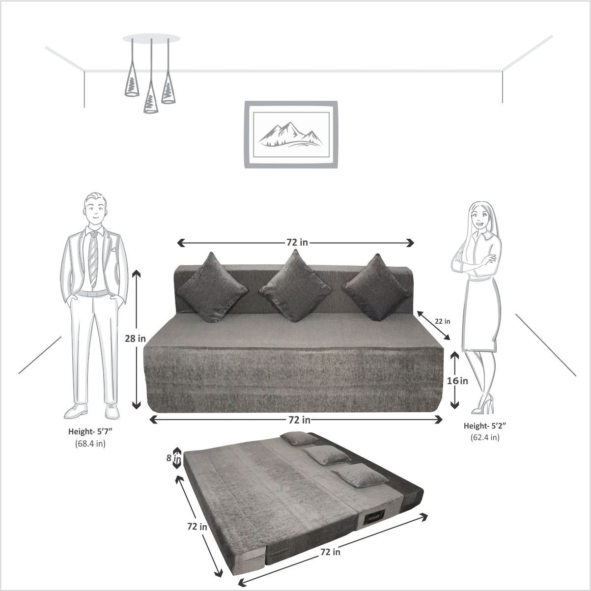 Grey Chenille Molfino Fabric 6×6 Sofa cum Bed with 3 Cushion