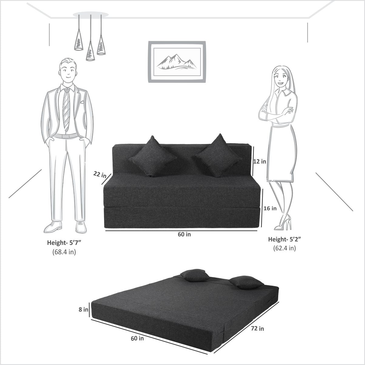 Grey Jute Fabric 6×5 Sofa cum Bed with 2 Cushion