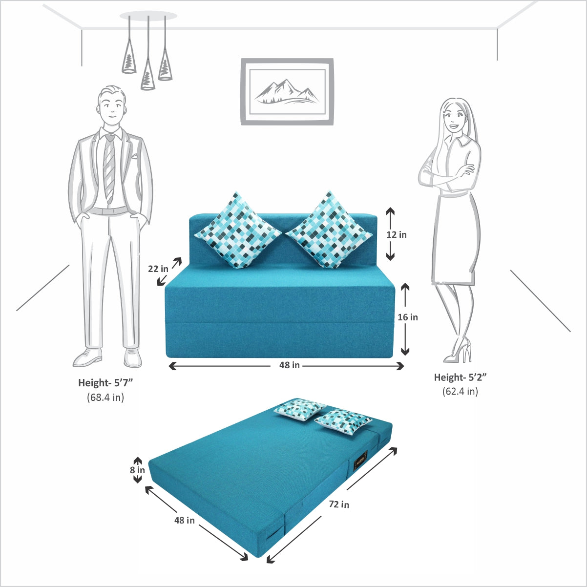 Sky Blue Jute Fabric 6×4 Sofa cum Bed with Printed Cushion