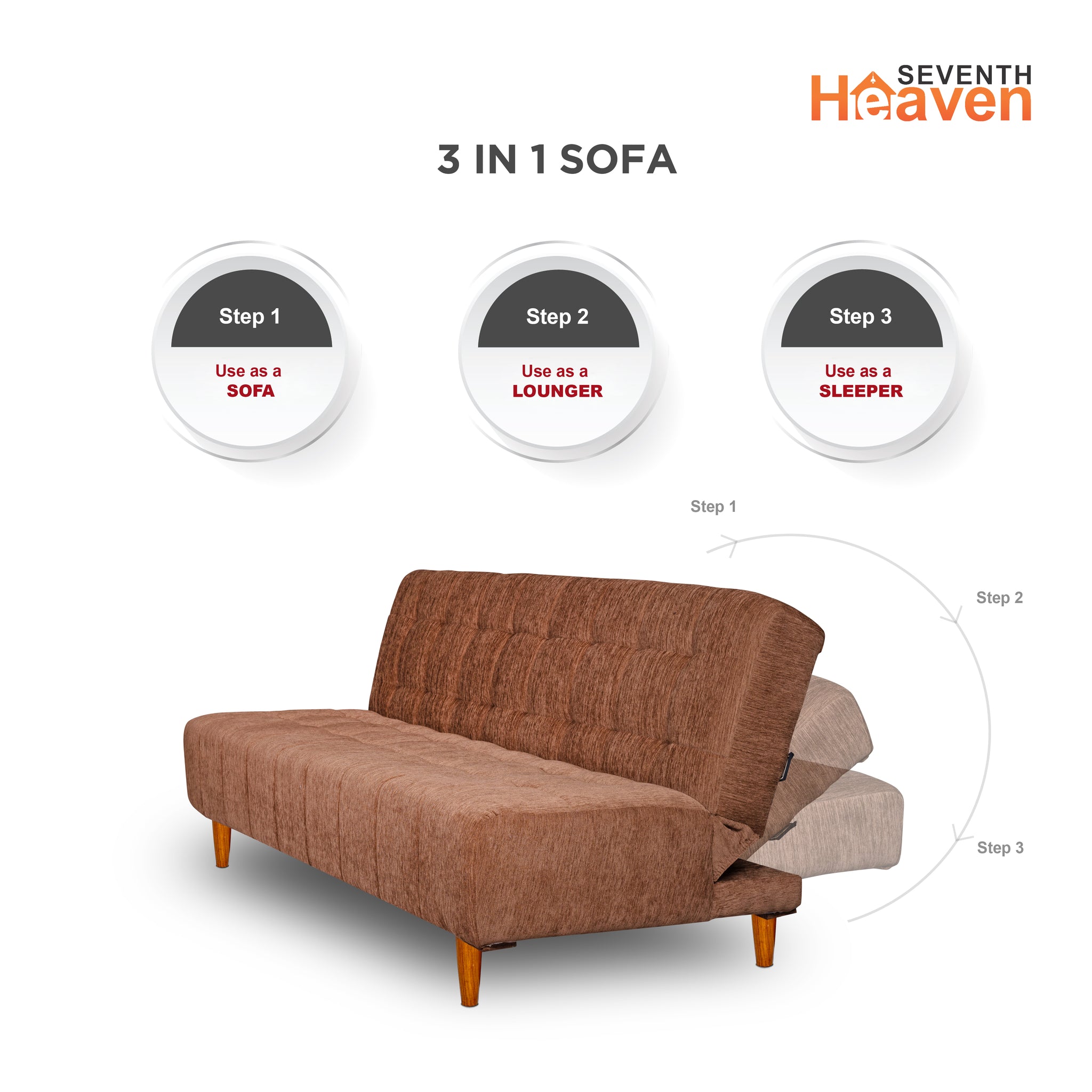 Seventh Heaven Florida 4 Seater Wooden Sofa Cum Bed. Modern & Elegant Smart Furniture Range for luxurious homes, living rooms and offices. Use as a sofa, lounger or bed. Perfect for guests. Molphino fabric with sheesham polished wooden legs. Beige colour.