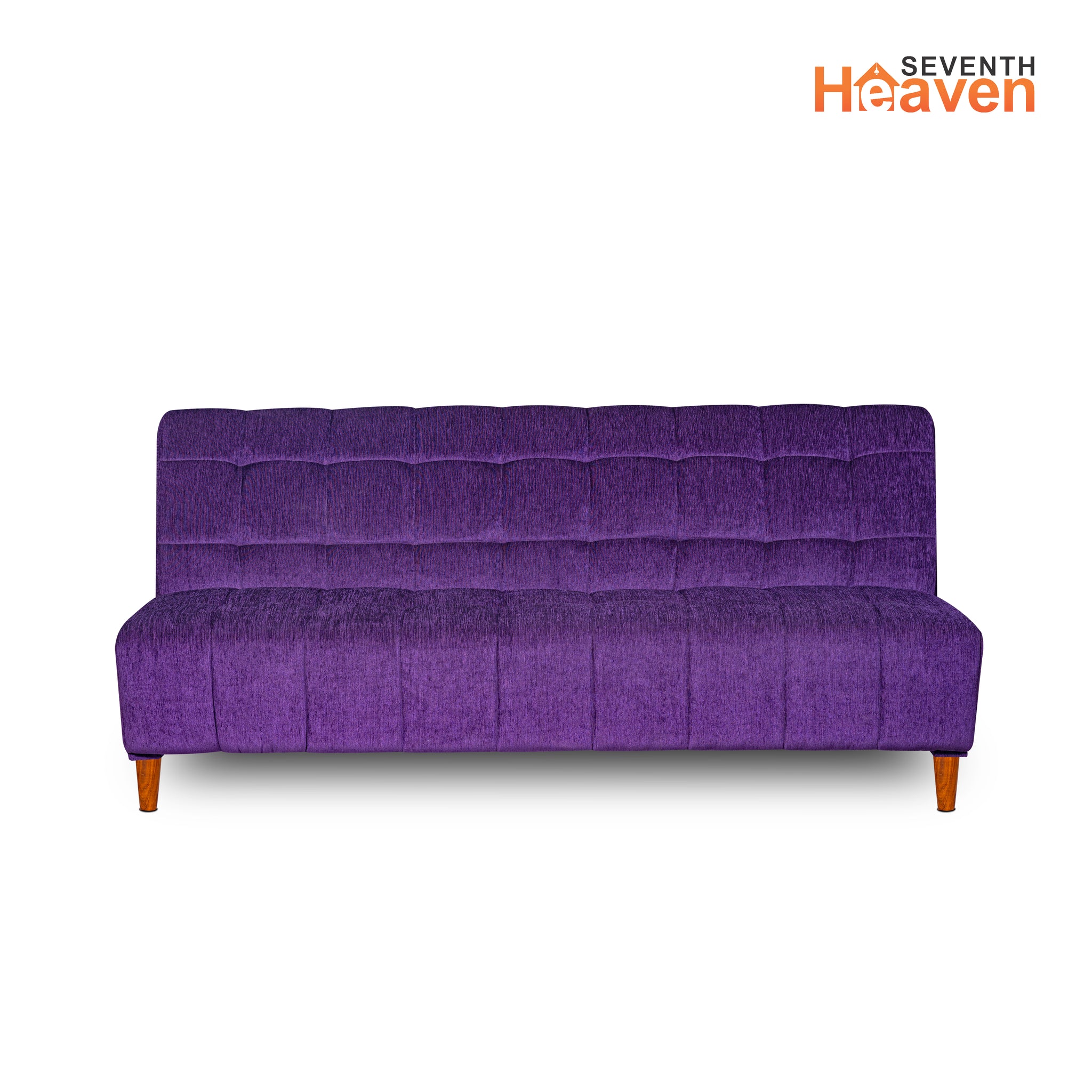 Seventh Heaven Florida 4 Seater Wooden Sofa Cum Bed. Modern & Elegant Smart Furniture Range for luxurious homes, living rooms and offices. Use as a sofa, lounger or bed. Perfect for guests. Molphino fabric with sheesham polished wooden legs. Purple colour.
