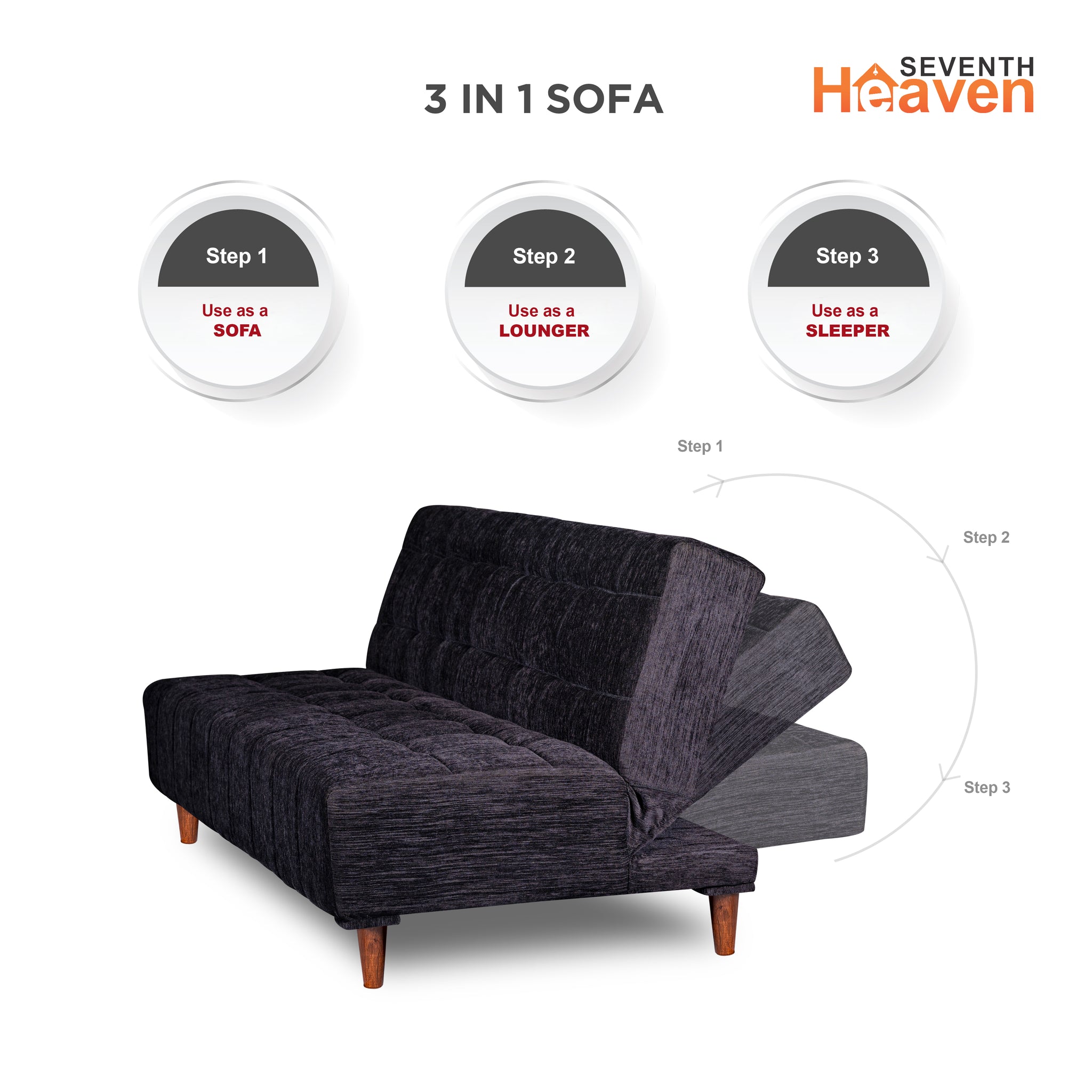 Seventh Heaven Florida 4 Seater Wooden Sofa Cum Bed. Modern & Elegant Smart Furniture Range for luxurious homes, living rooms and offices. Use as a sofa, lounger or bed. Perfect for guests. Molphino fabric with sheesham polished wooden legs. Black colour.