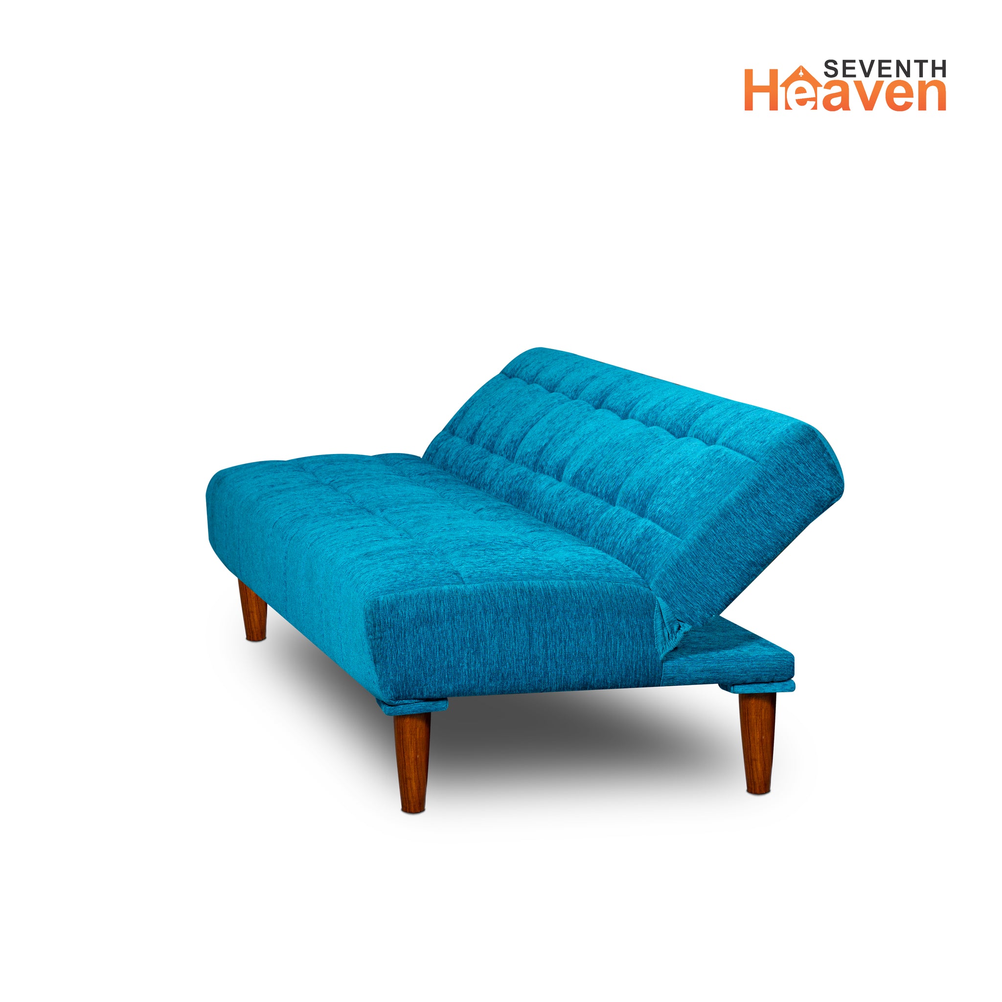 Seventh Heaven Florida Neo 4 Seater Wooden Sofa Cum Bed Modern & Elegant Smart Furniture Range for luxurious homes, living rooms and offices. Use as a sofa, lounger or bed. Perfect for guests. Molphino fabric with sheesham polished wooden legs. Sky Blue colour.