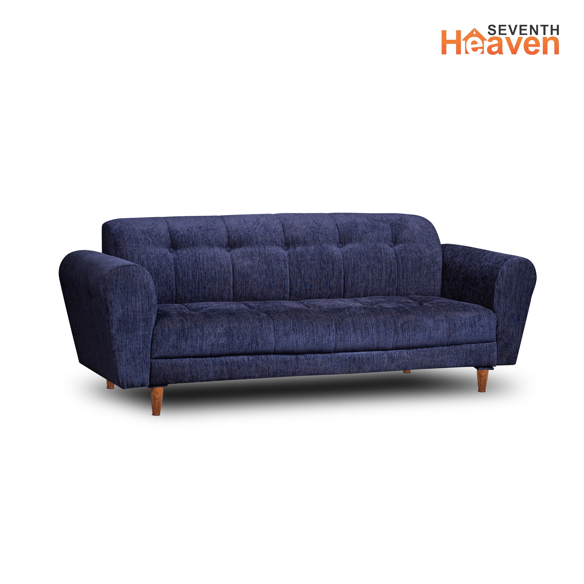 Seventh Heaven Milan 3 Seater Wooden Sofa Set Modern & Elegant Smart Furniture Range for luxurious homes, living rooms and offices. Blue Colour Molphino fabric with sheesham polished wooden legs.