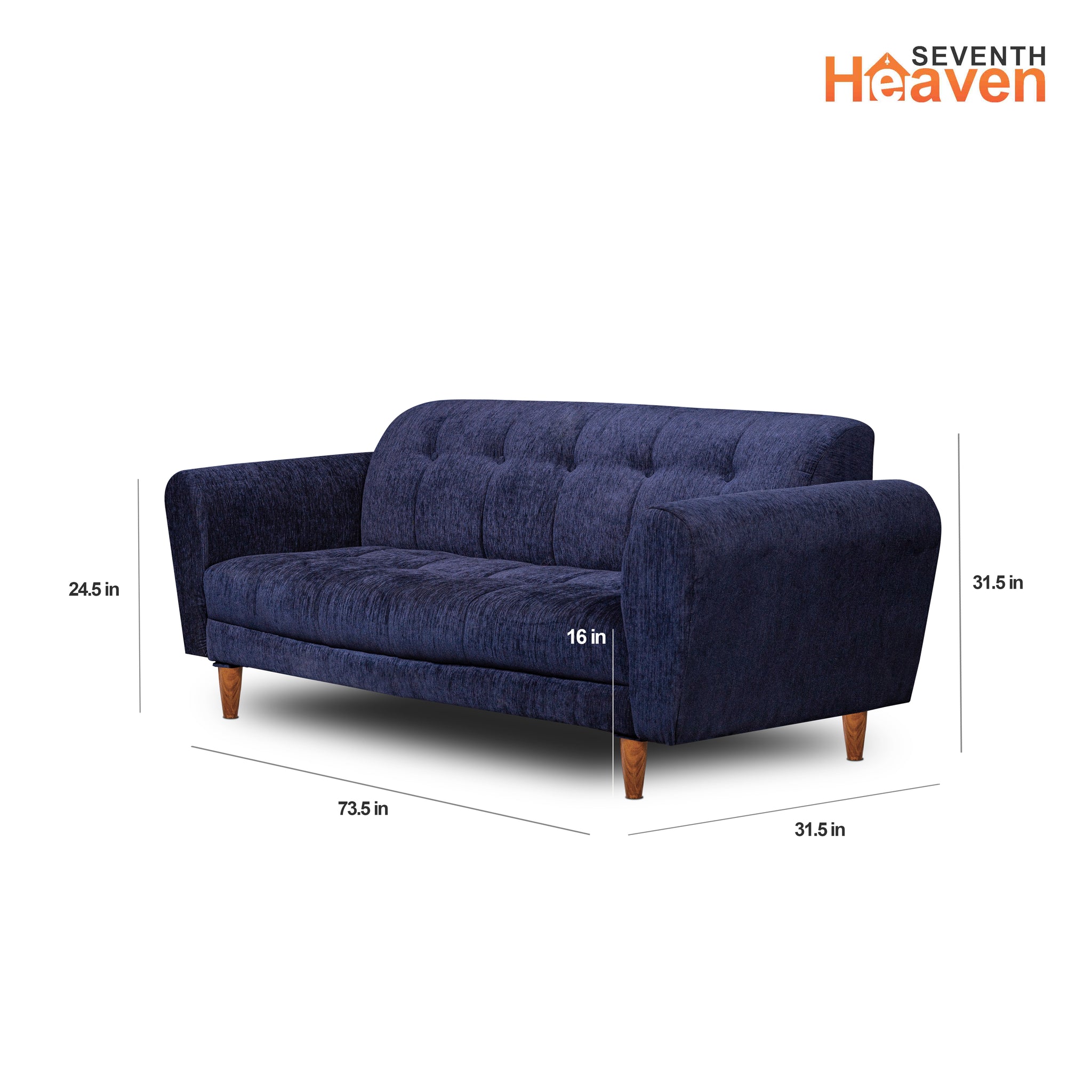 Seventh Heaven Milan 3 Seater Wooden Sofa Set Modern & Elegant Smart Furniture Range for luxurious homes, living rooms and offices. Blue Colour Molphino fabric with sheesham polished wooden legs. Product dimensions are also mentioned.
