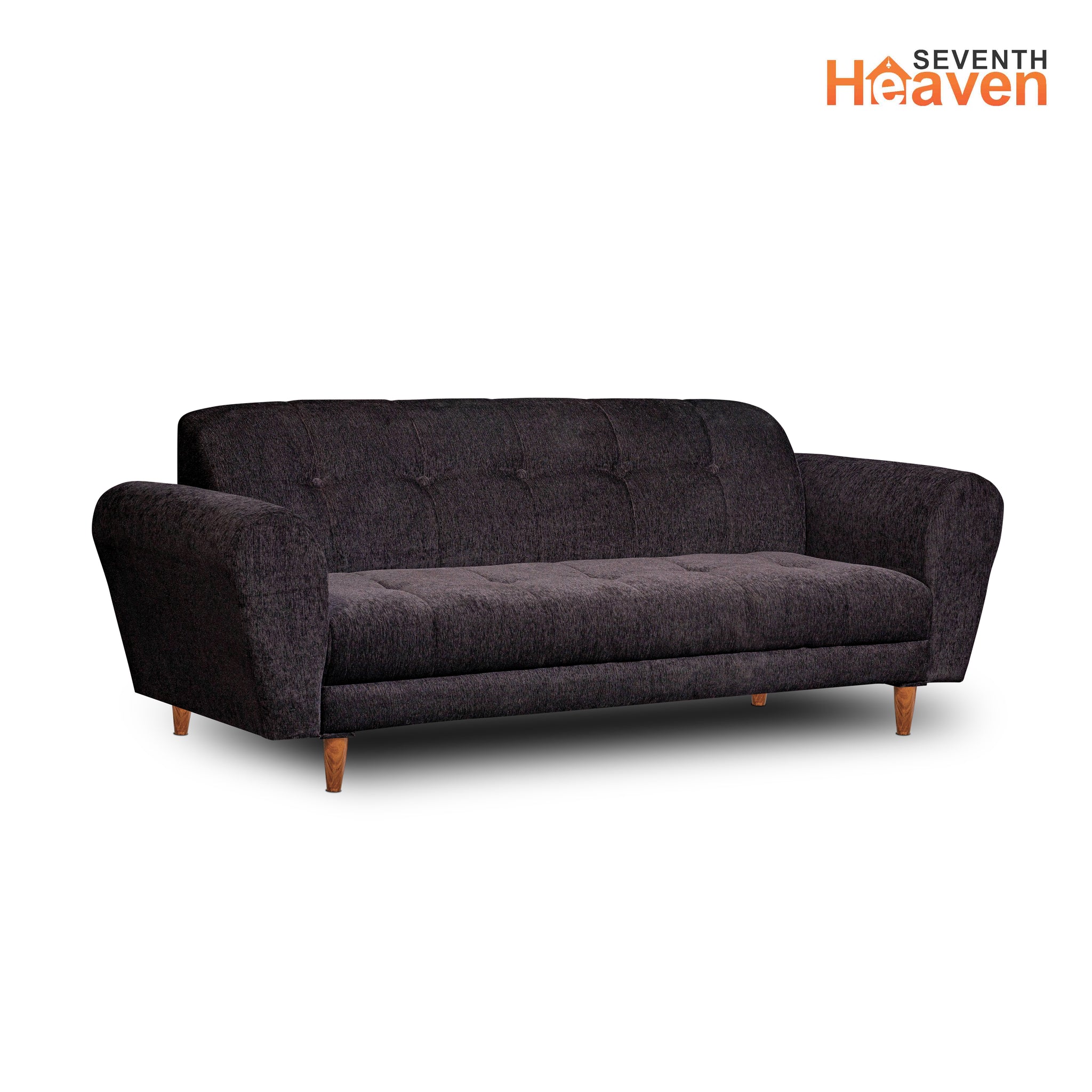 Seventh Heaven Milan 3 Seater Wooden Sofa Set Modern & Elegant Smart Furniture Range for luxurious homes, living rooms and offices. Black Colour Molphino fabric with sheesham polished wooden legs.