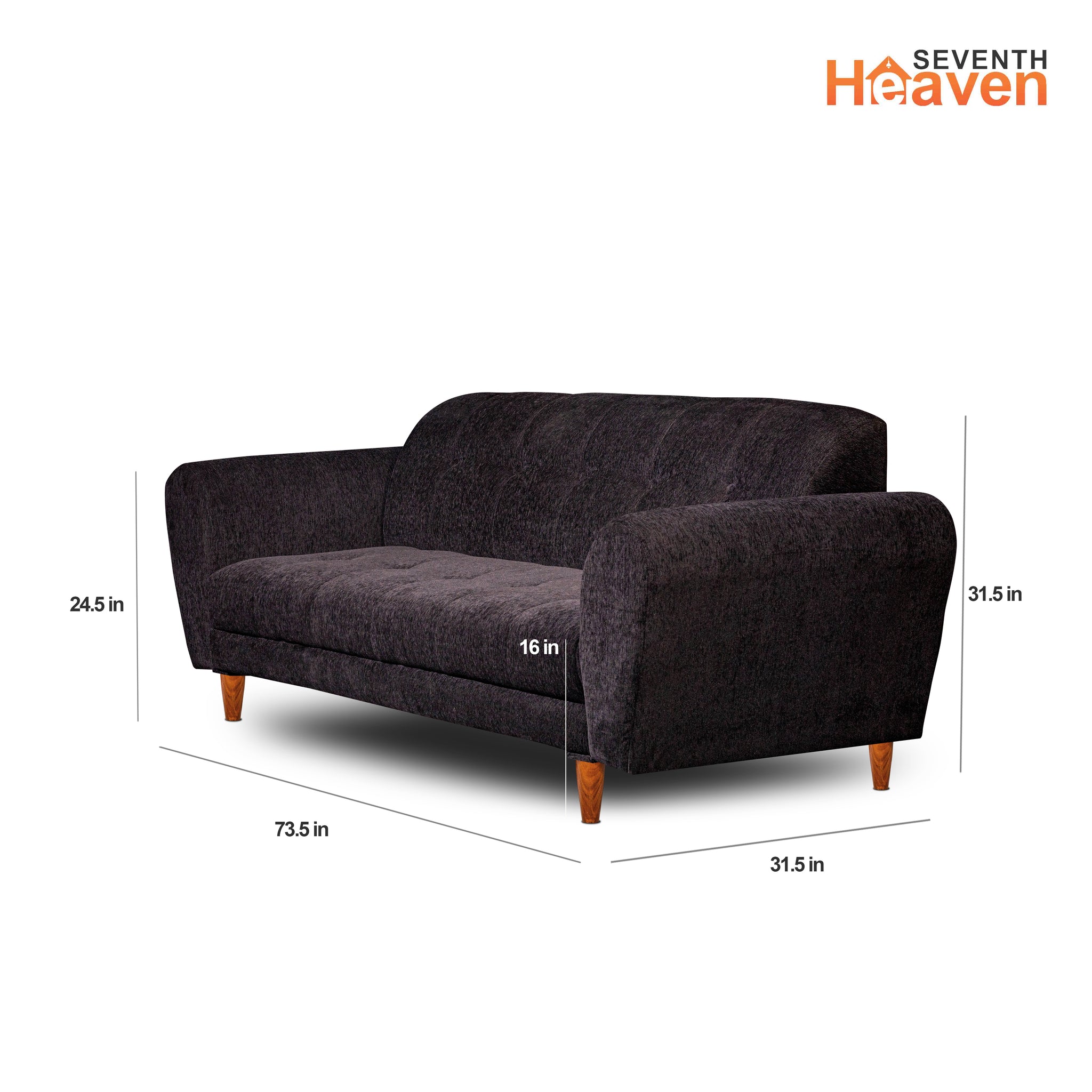 Seventh Heaven Milan 3 Seater Wooden Sofa Set Modern & Elegant Smart Furniture Range for luxurious homes, living rooms and offices. Black Colour Molphino fabric with sheesham polished wooden legs. Product dimensions are also mentioned.