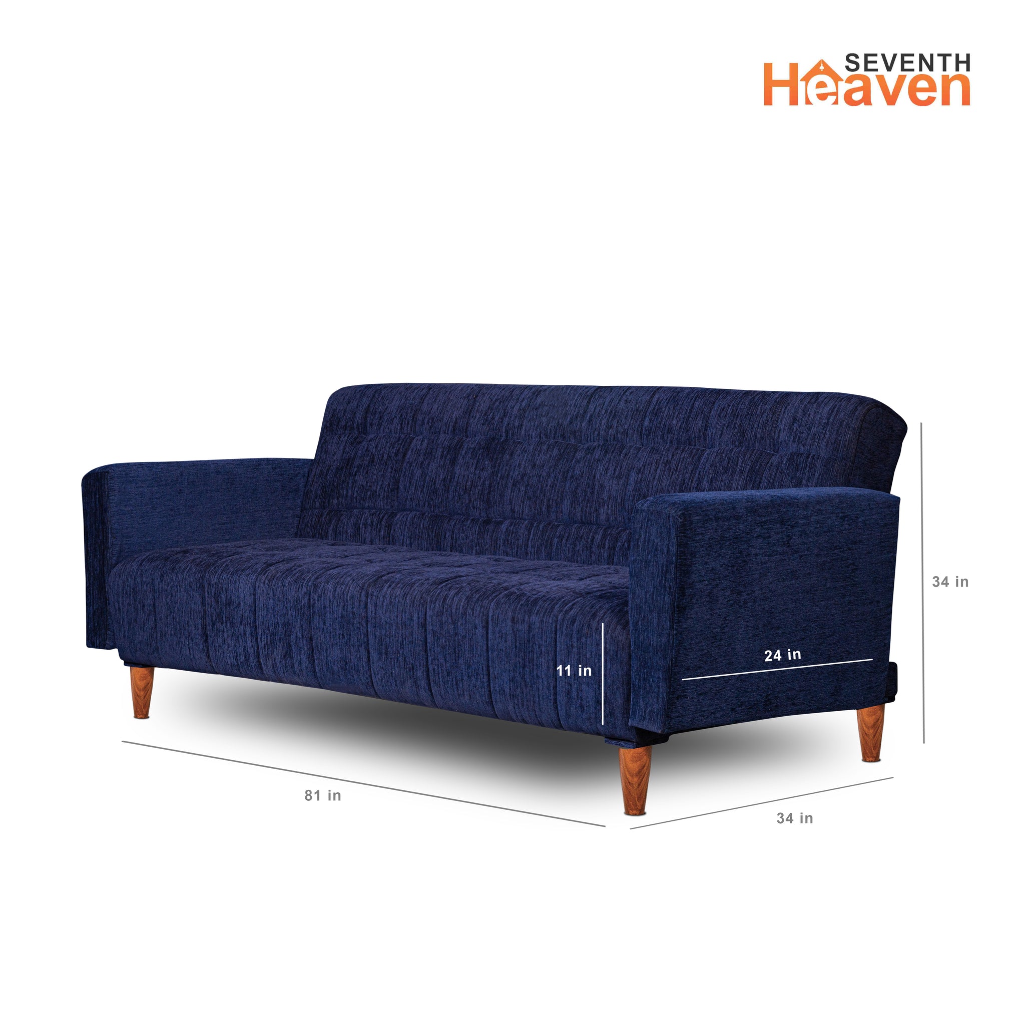 Seventh Heaven Lisbon 4 Seater Wooden Sofa Cum Bed with Armrest. Modern & Elegant Smart Furniture Range for luxurious homes, living rooms and offices. Use as a sofa, lounger or bed with removable armrest. Perfect for guests. Molphino fabric with sheesham polished wooden legs. Blue colour.