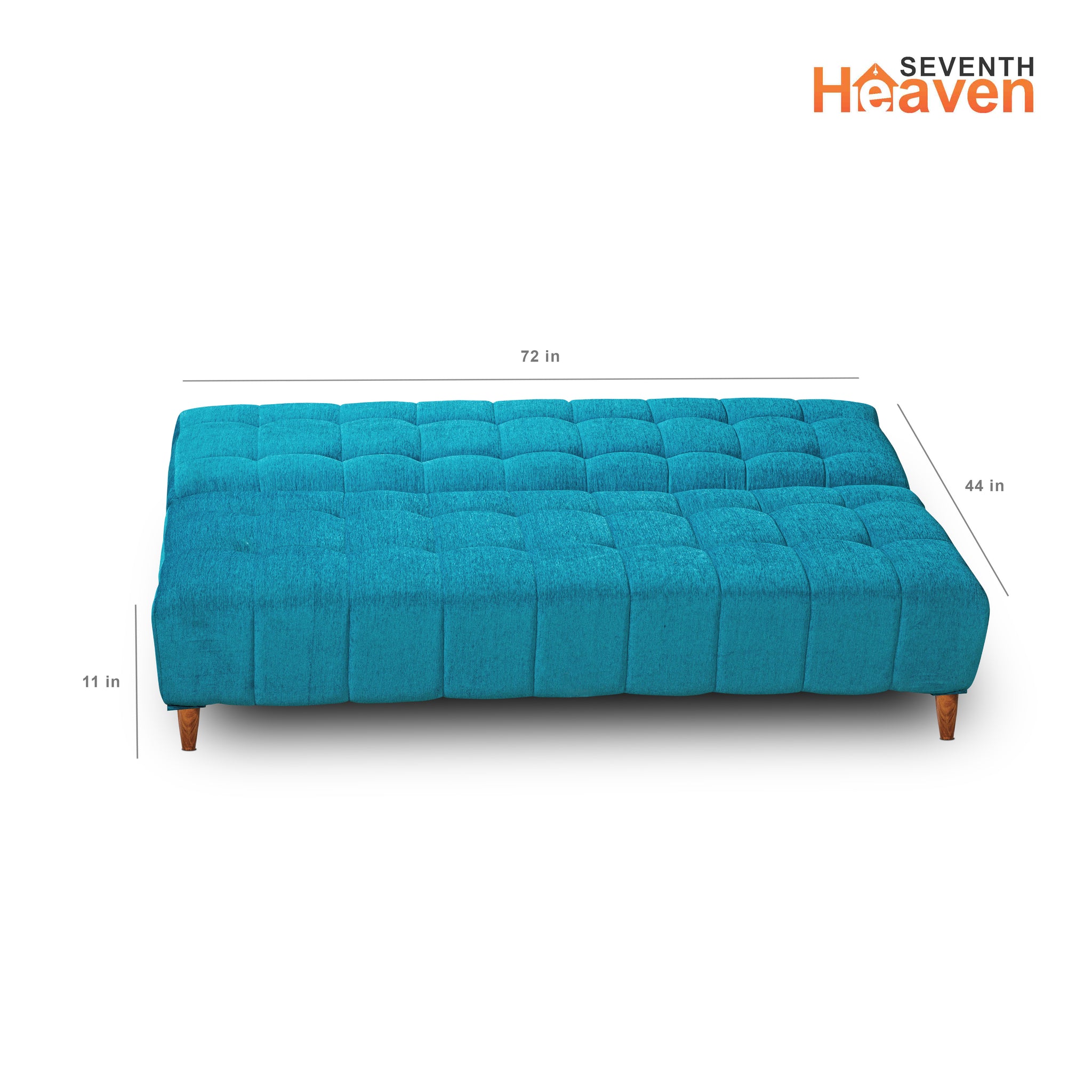 Seventh Heaven Lisbon 4 Seater Wooden Sofa Cum Bed with Armrest. Modern & Elegant Smart Furniture Range for luxurious homes, living rooms and offices. Use as a sofa, lounger or bed with removable armrest. Perfect for guests. Molphino fabric with sheesham polished wooden legs. Sky Blue colour.