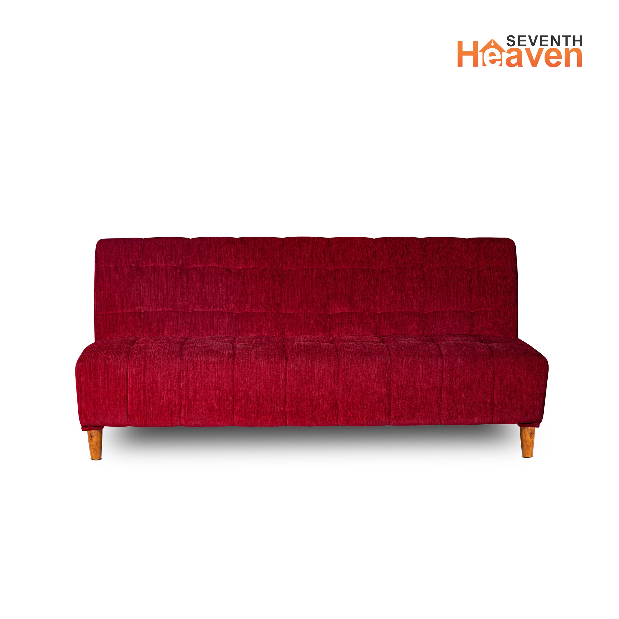 Seventh Heaven Florida 4 Seater Wooden Sofa Cum Bed. Modern & Elegant Smart Furniture Range for luxurious homes, living rooms and offices. Use as a sofa, lounger or bed. Perfect for guests. Molphino fabric with sheesham polished wooden legs. Maroon colour.
