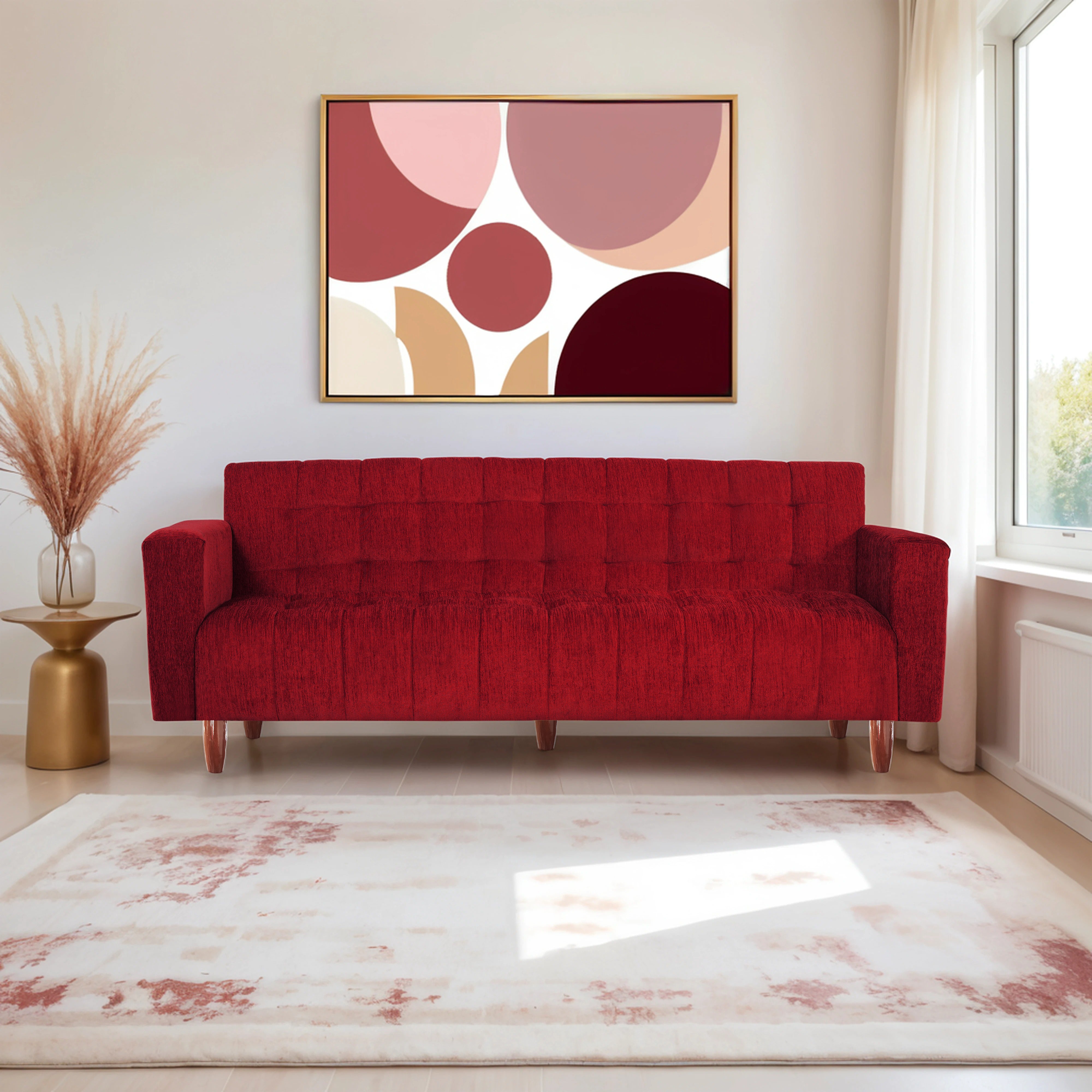 Lisbon Neo 4 Seater Wooden Sofa Cum Bed - ( Premium Molfino Fabric- Maroon )