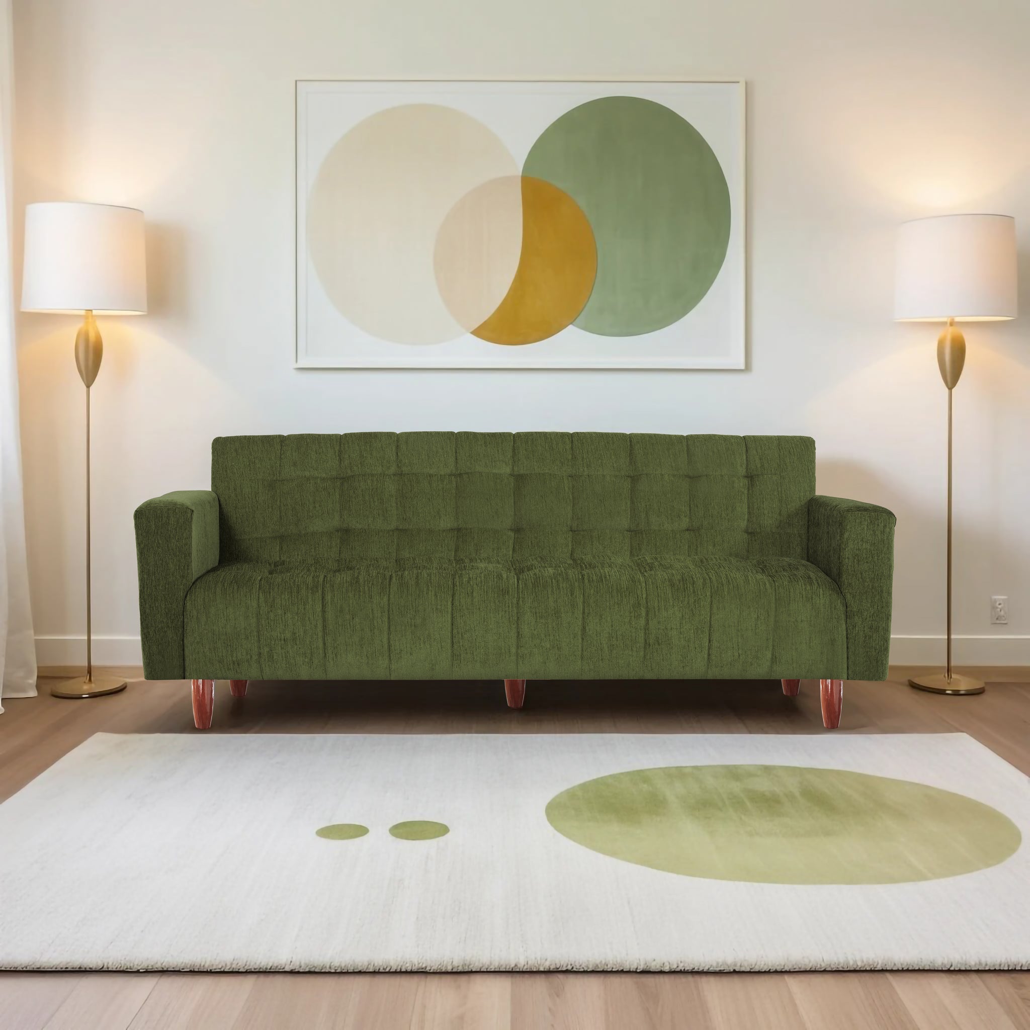 Lisbon Neo 4 Seater Wooden Sofa Cum Bed - ( Premium Molfino Fabric- Green)