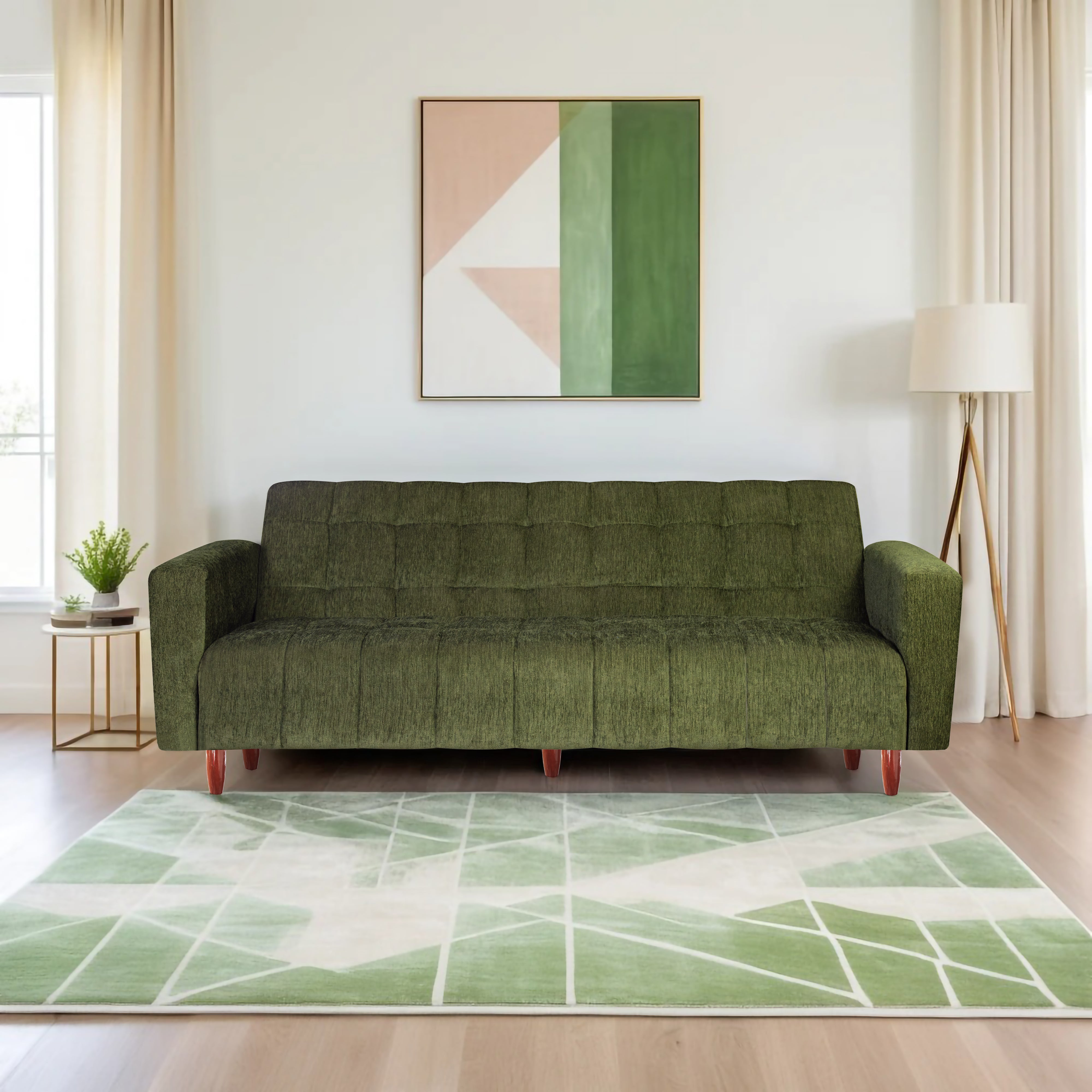Lisbon  4 Seater Wooden Sofa Cum Bed - ( Premium Molfino Fabric-Green)