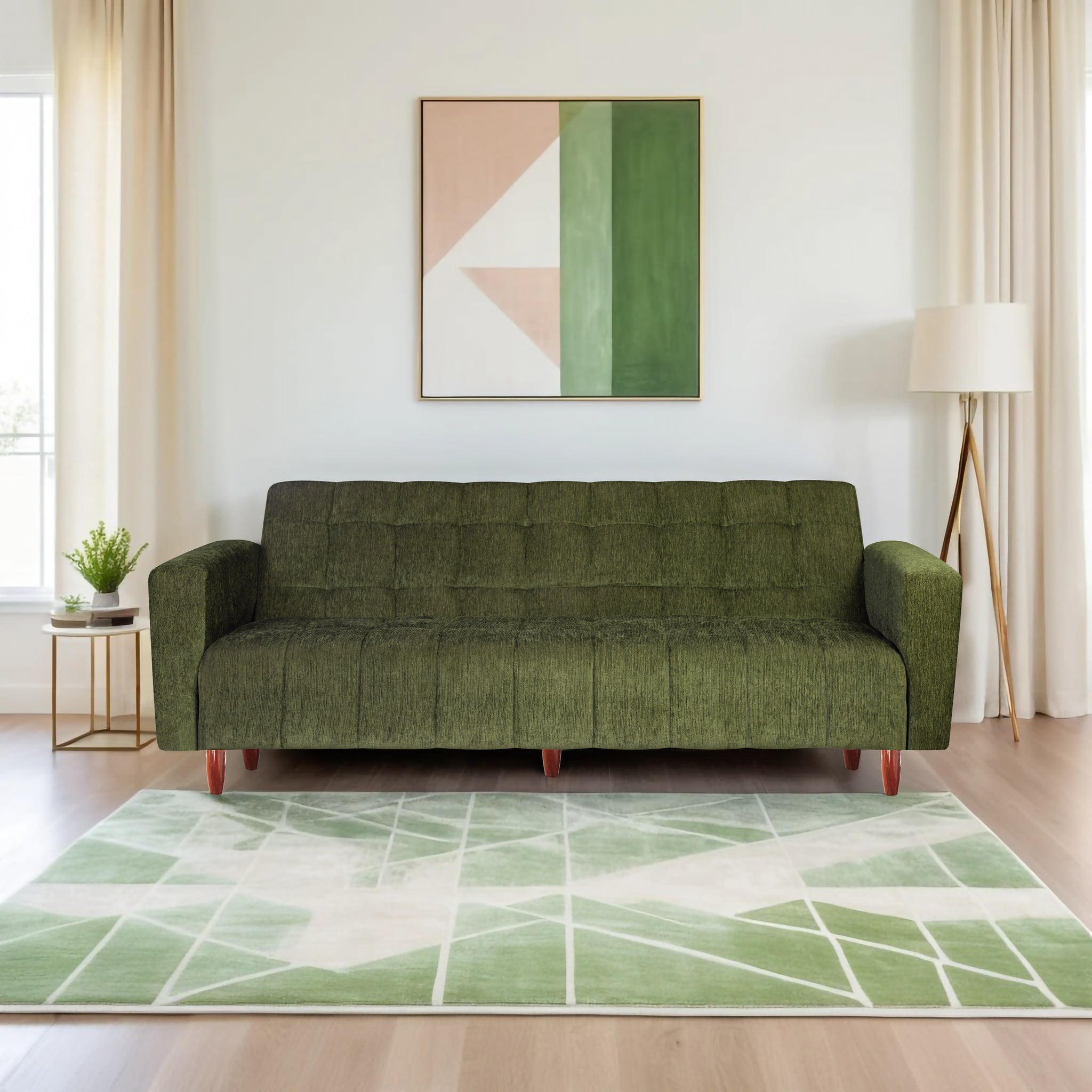 Lisbon  4 Seater Wooden Sofa Cum Bed - ( Premium Molfino Fabric-Green)
