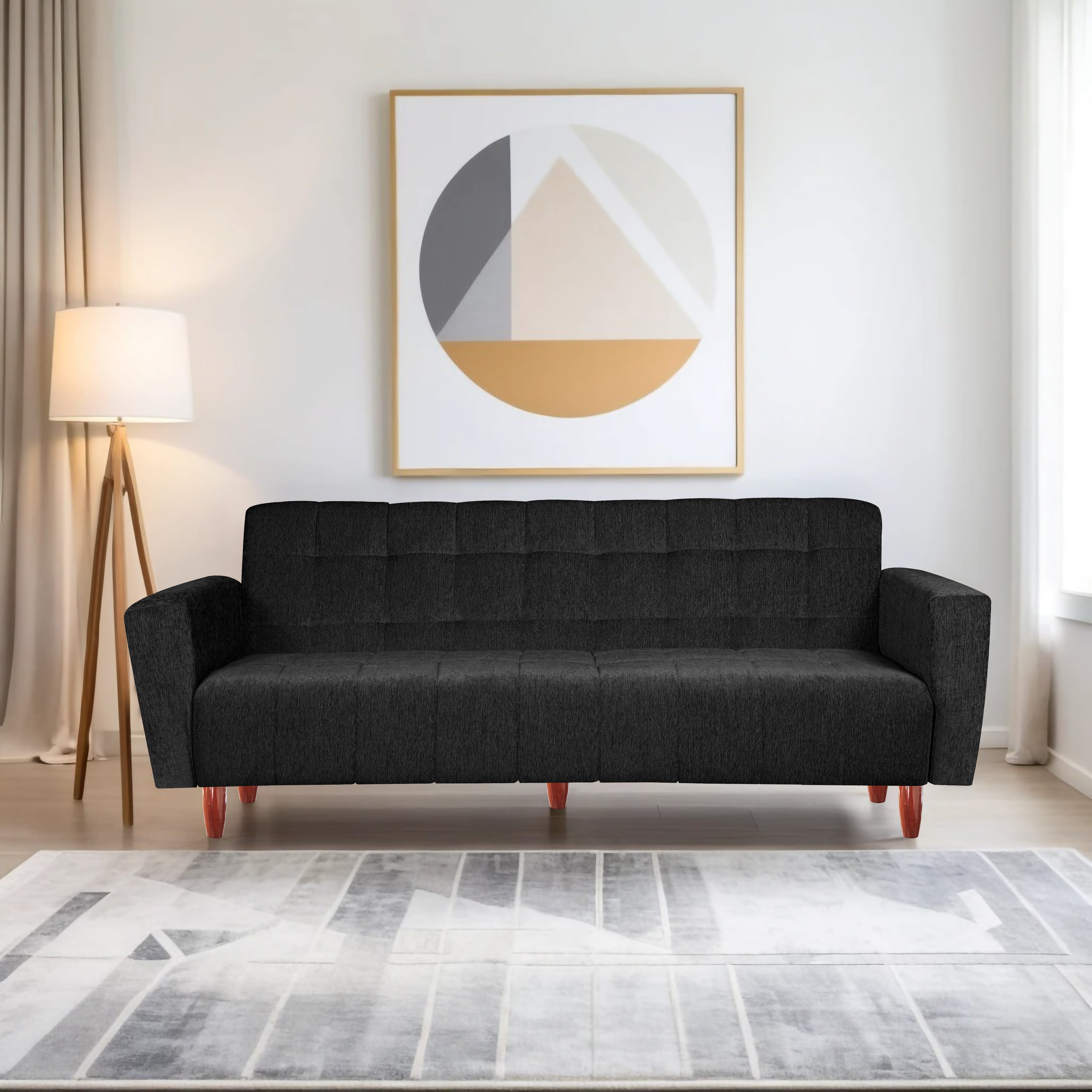 Lisbon  4 Seater Wooden Sofa Cum Bed - ( Premium Molfino Fabric - Black)