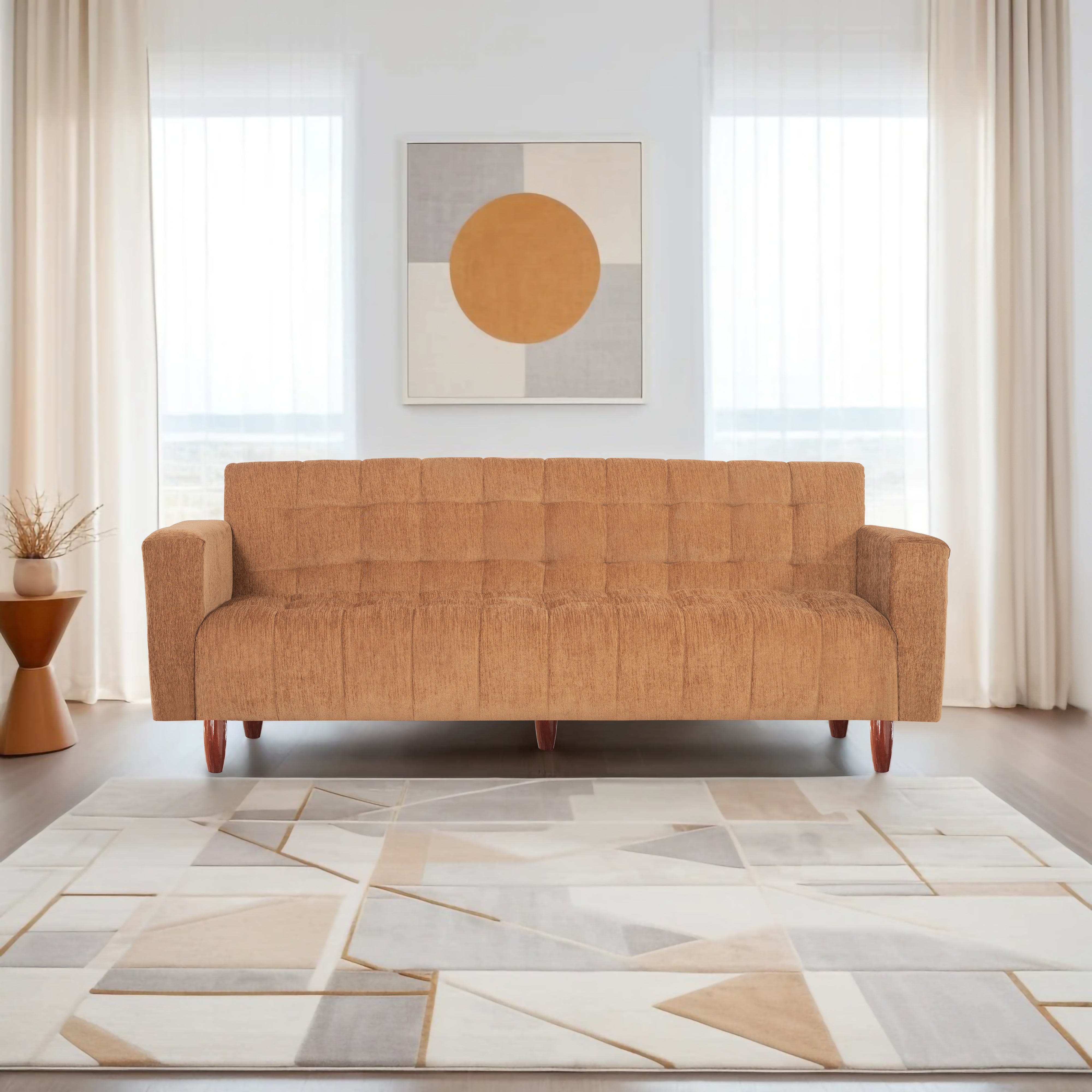 Lisbon Neo 4 Seater Wooden Sofa Cum Bed - ( Premium Molfino Fabric- Beige )