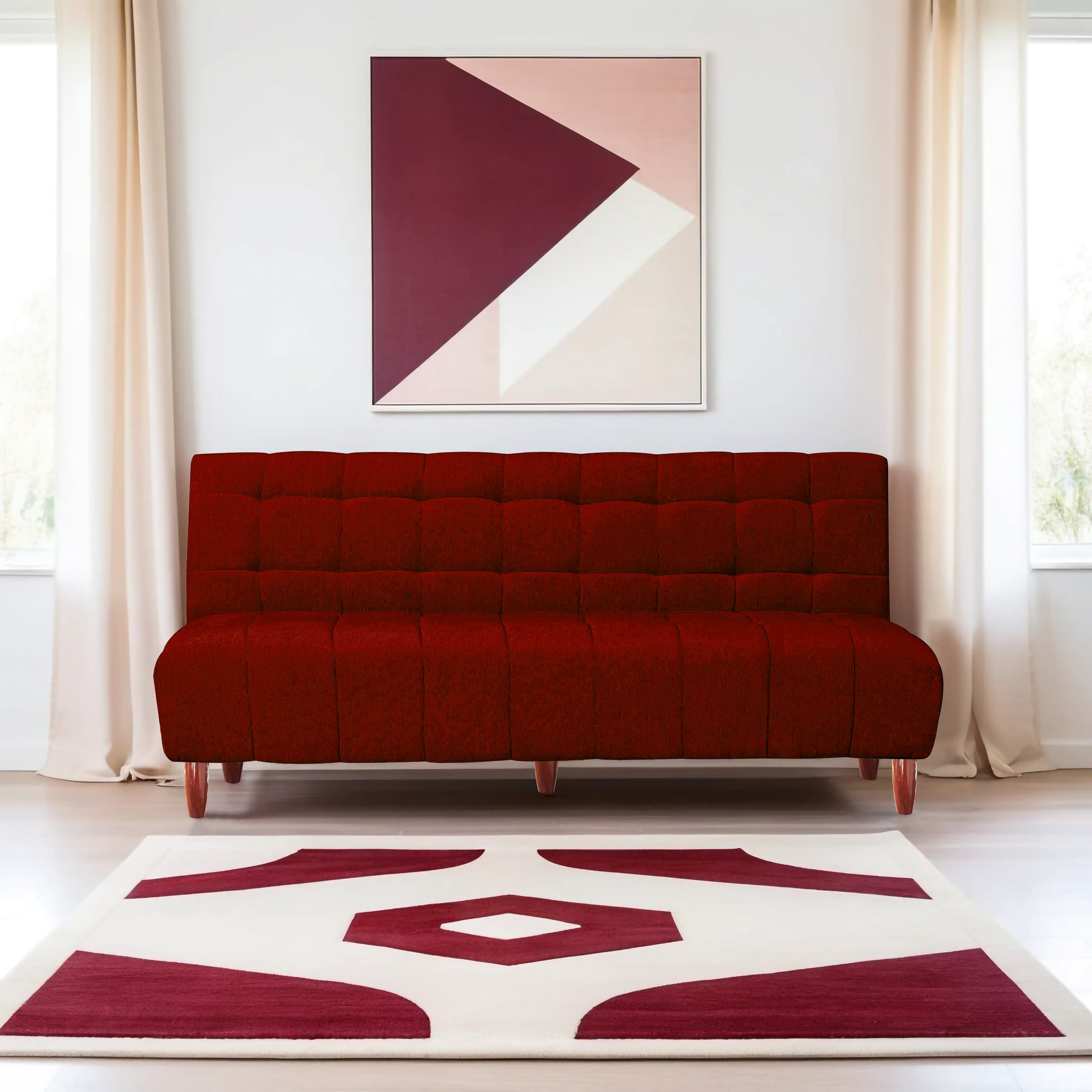 Florida 4 Seater Wooden Sofa Cum Bed - ( Premium Molfino Fabric- Maroon)