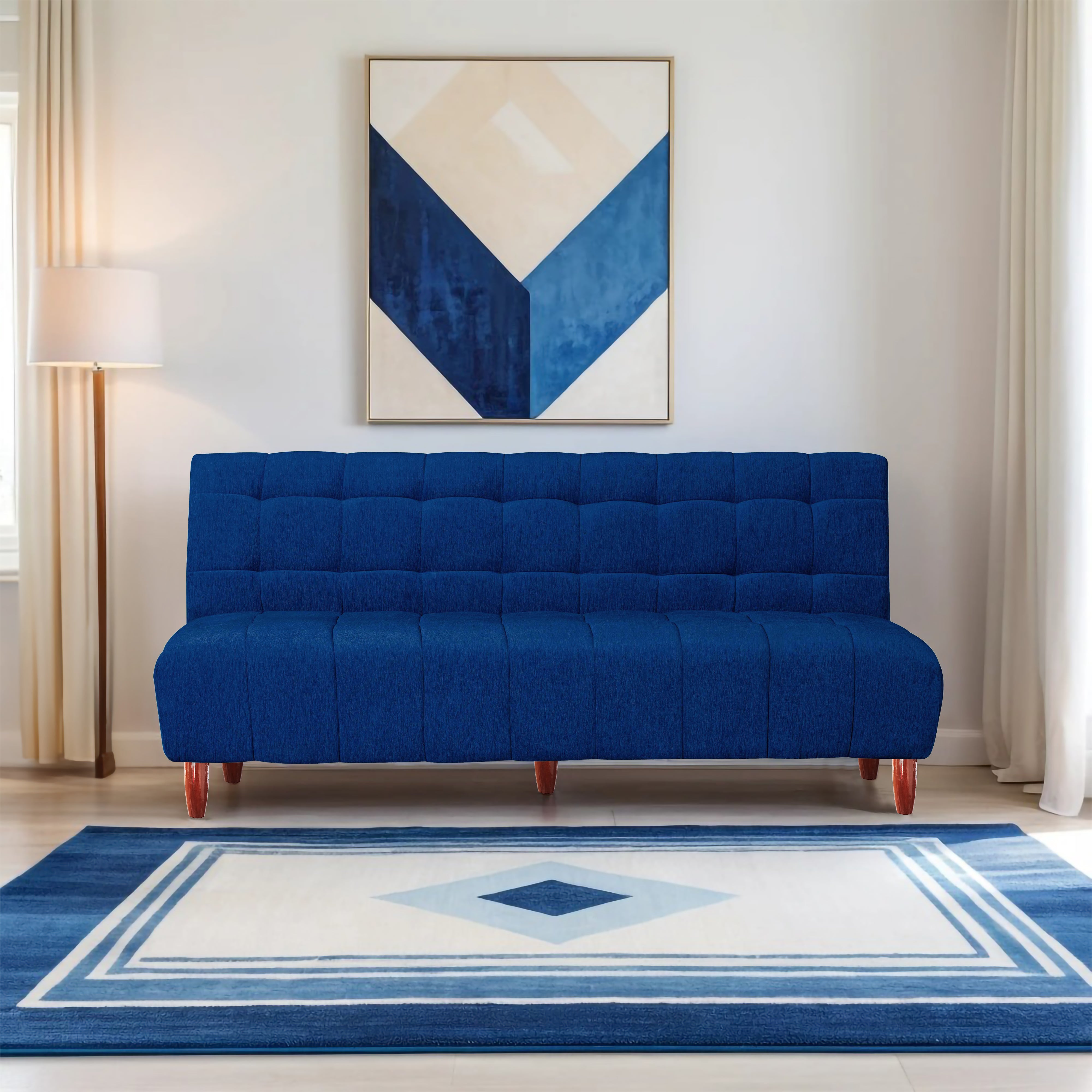 Florida 4 Seater Wooden Sofa Cum Bed - ( Premium Molfino Fabric- Blue)