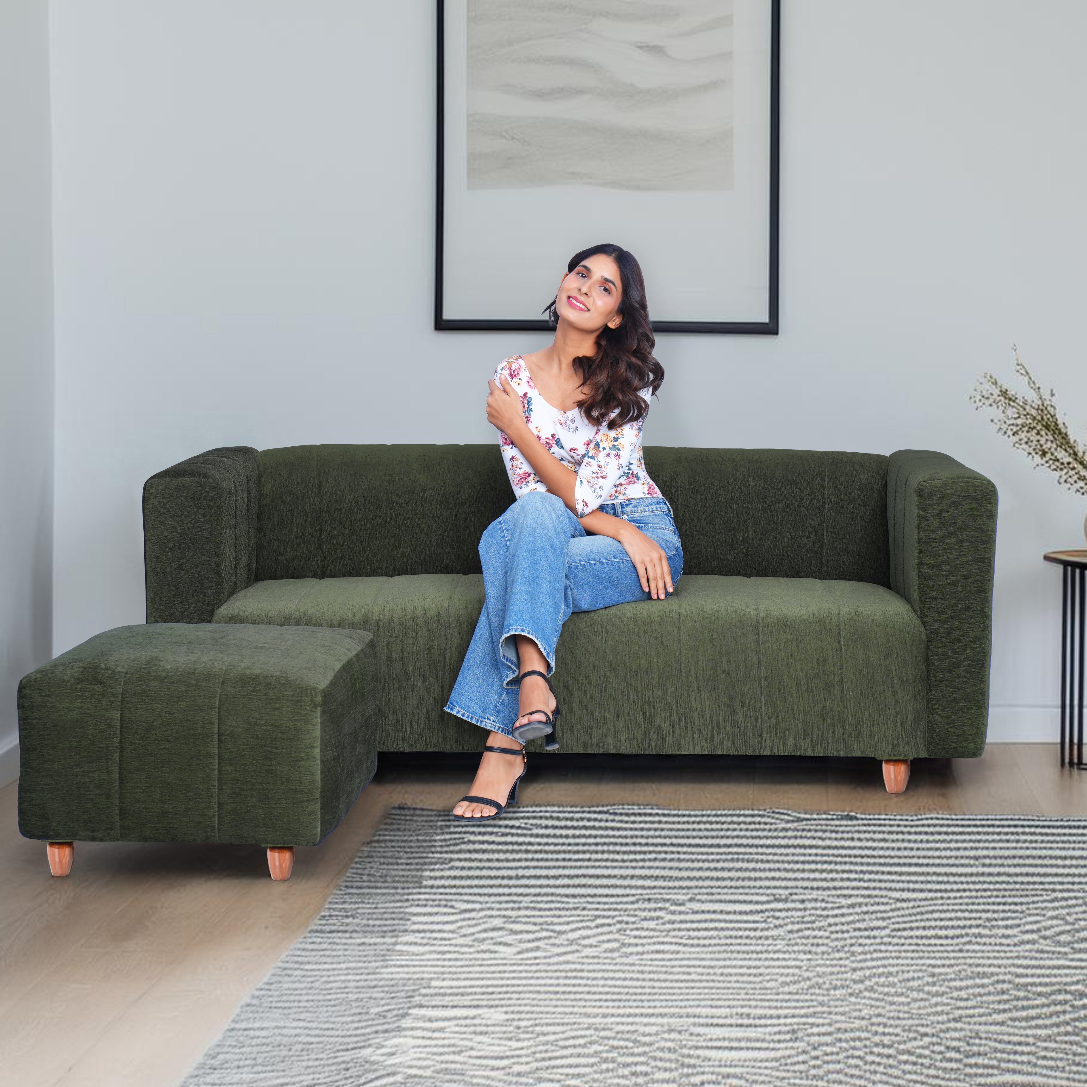 Tokyo 4 Seater Sofa with Ottoman- ( Premium Molfino Fabric- Green )