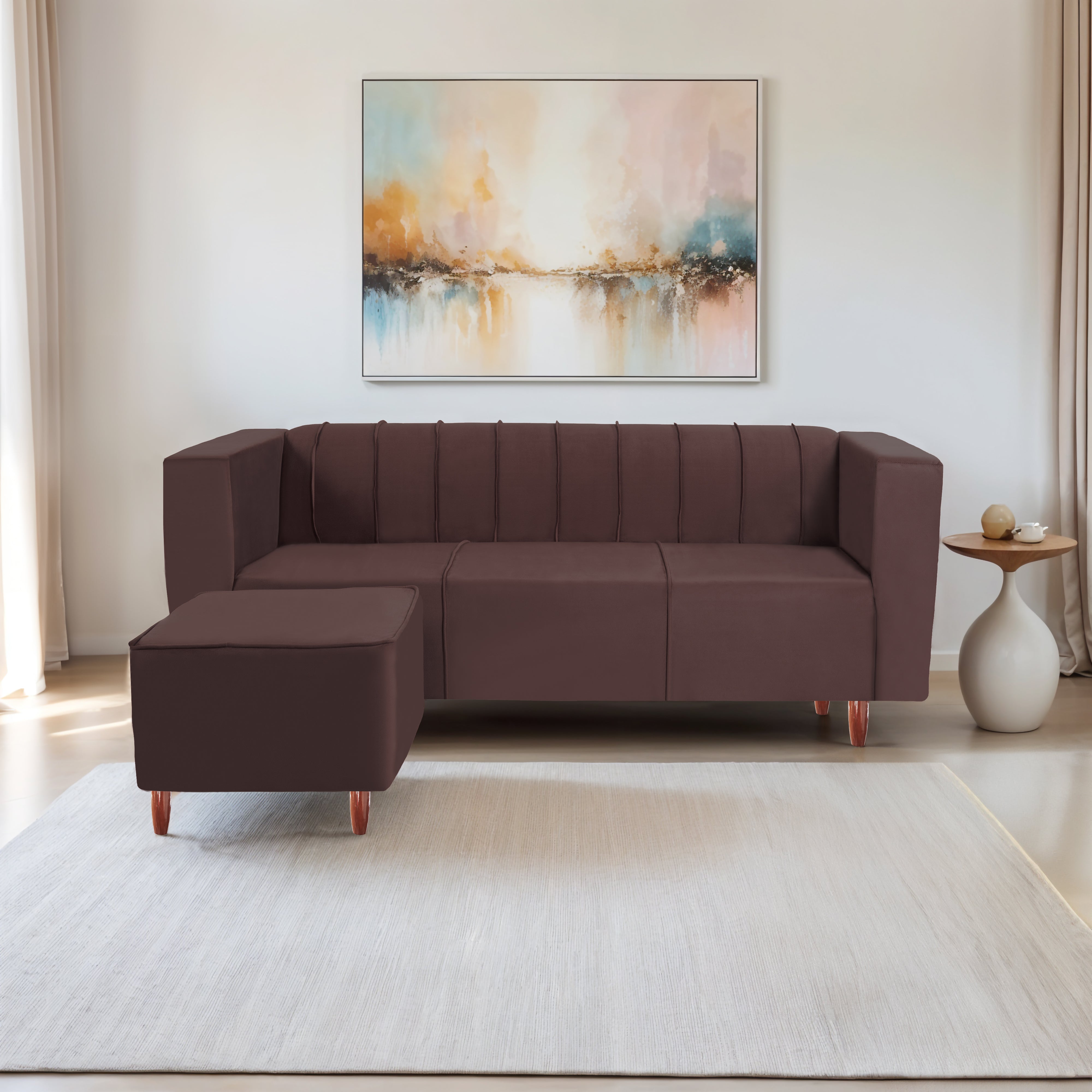 Sydney 4 Seater Sofa with Ottoman- ( Premium Holland Fabric- Brown )