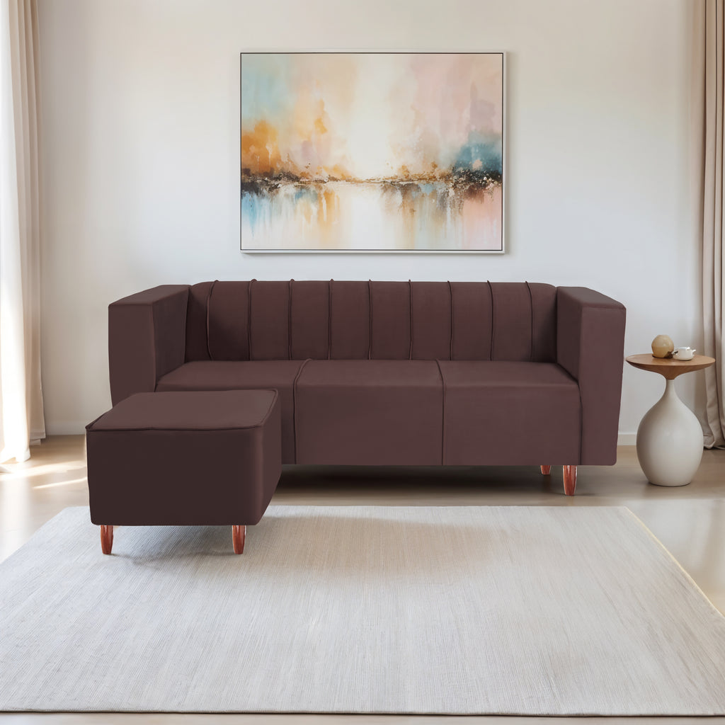 Sydney 4 Seater Sofa with Ottoman- ( Premium Holland Fabric- Brown )