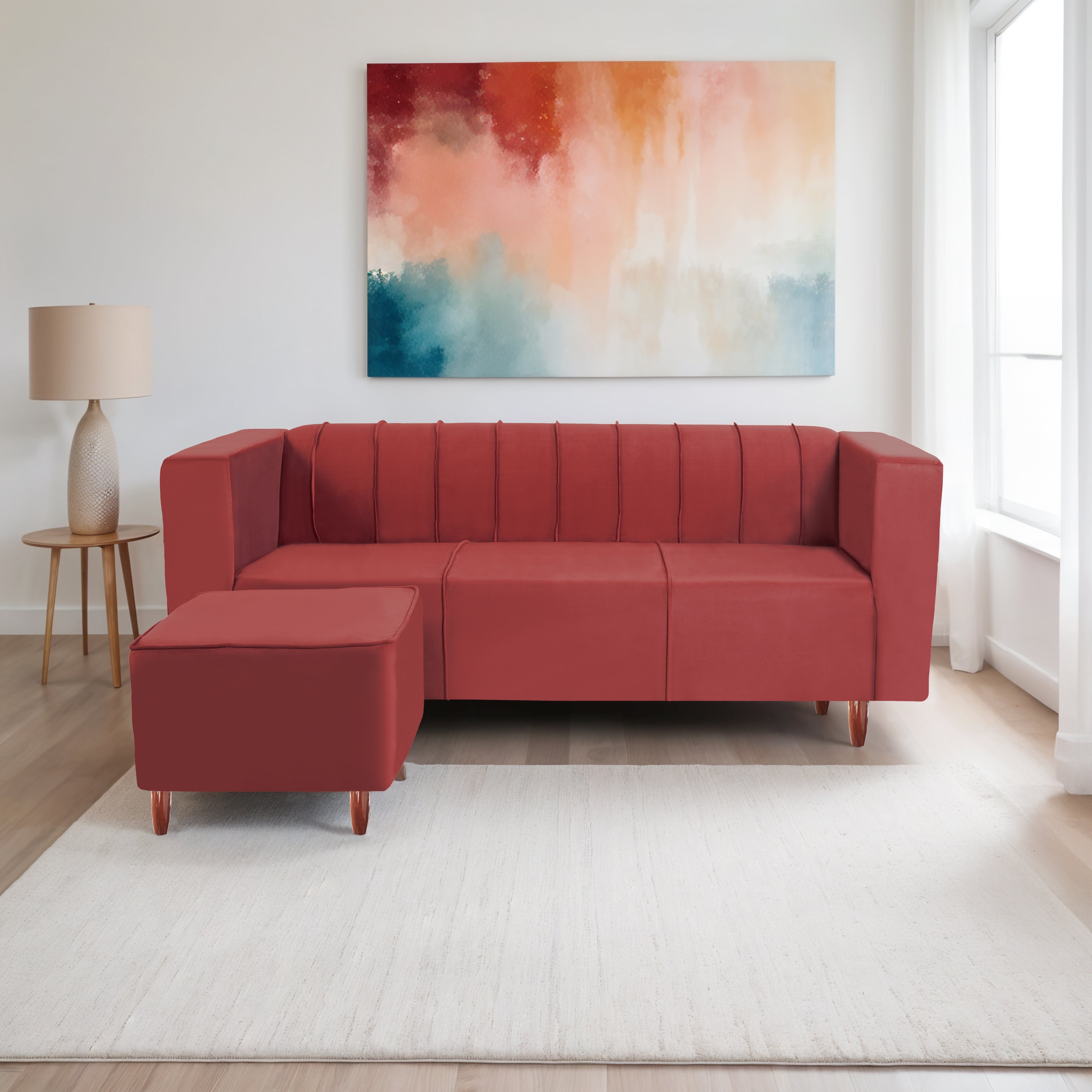 Sydney 4 Seater Sofa with Ottoman- ( Premium Holland Fabric- Maroon )