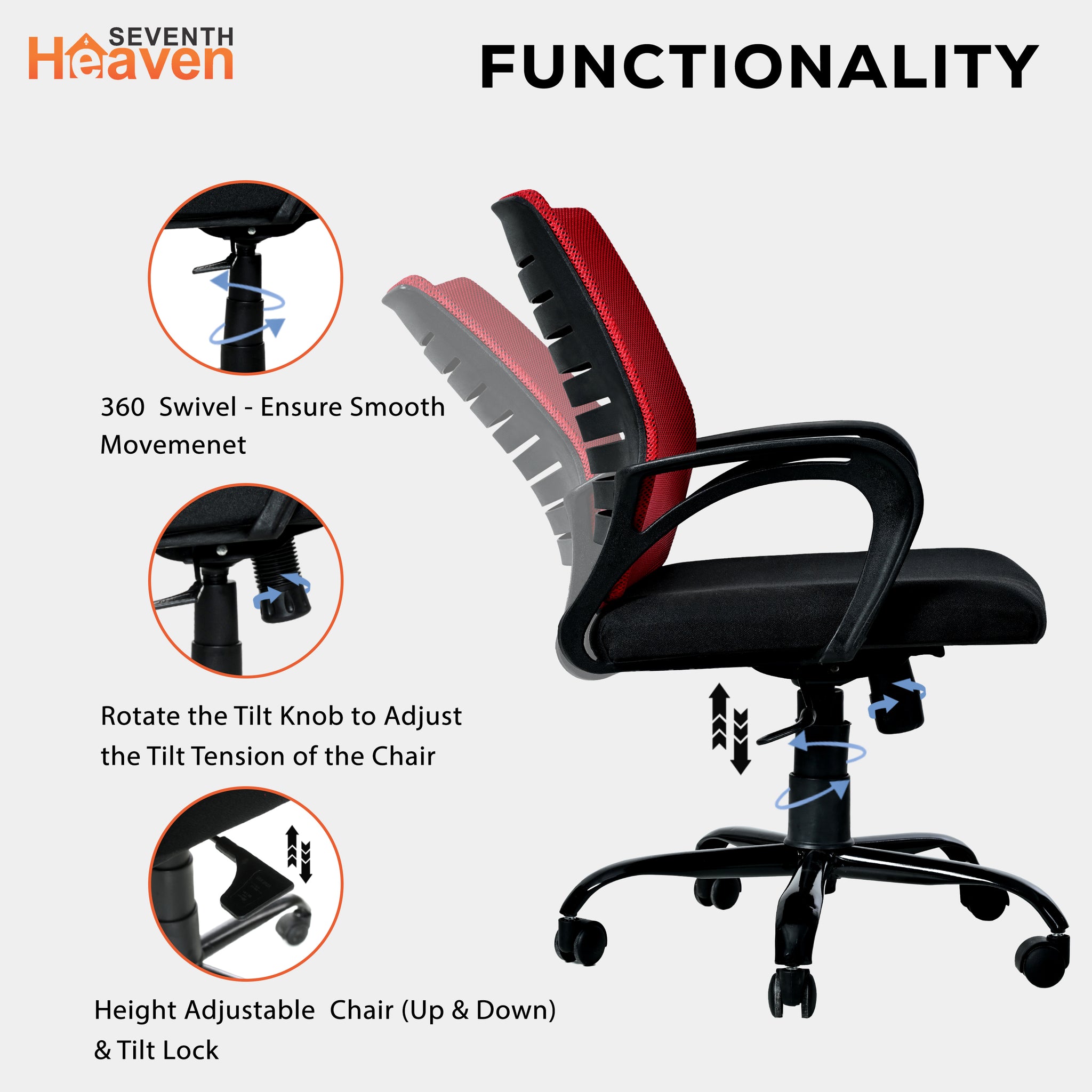 Seventh Heaven Blaze Mid Back Office Chair for Work from Home | Study Chair | Revolving Chair | Computer Chair : 3 years warranty ( Heavy Duty Powder Metal Base, Red Mesh )