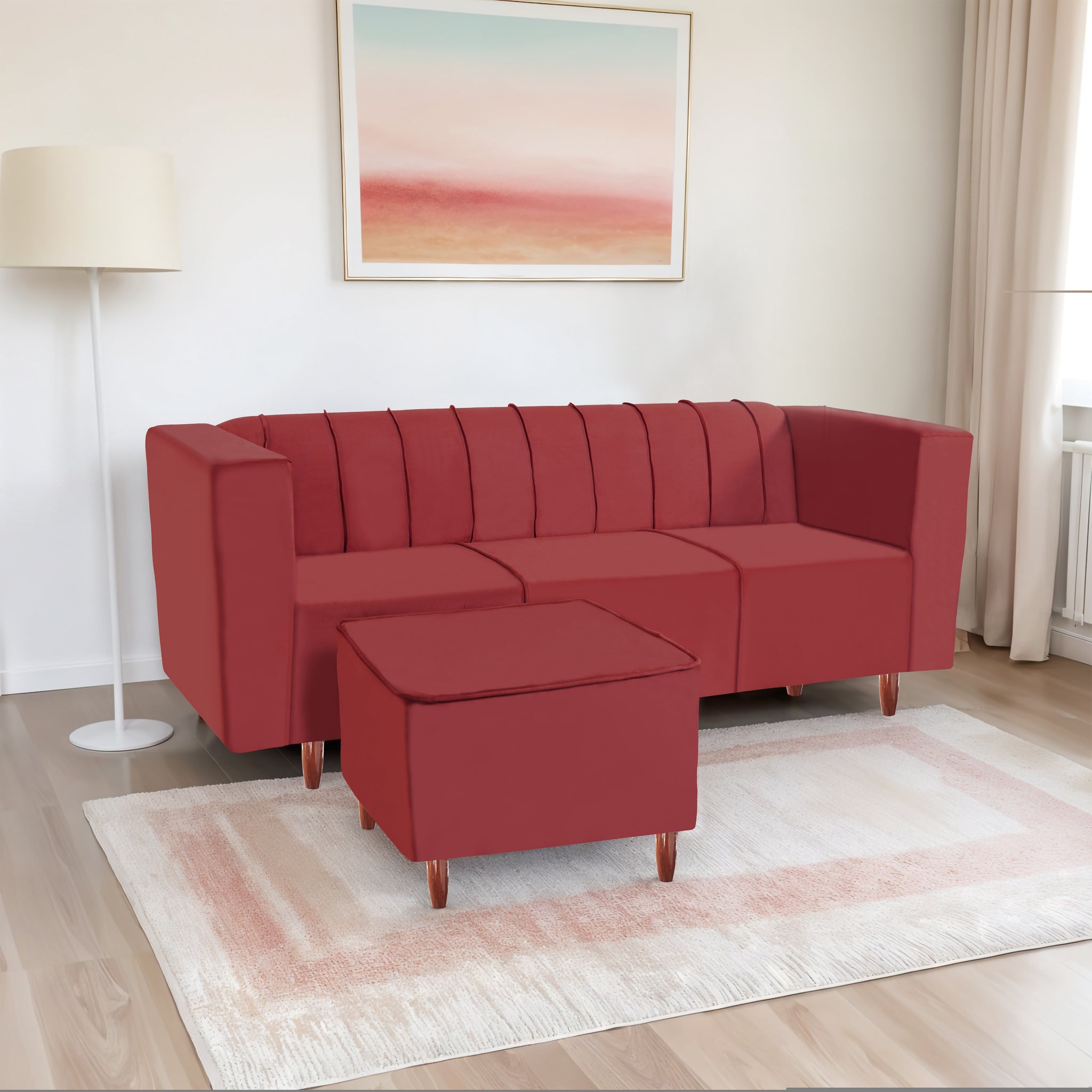 Sydney 4 Seater Sofa with Ottoman- ( Premium Holland Fabric- Maroon )