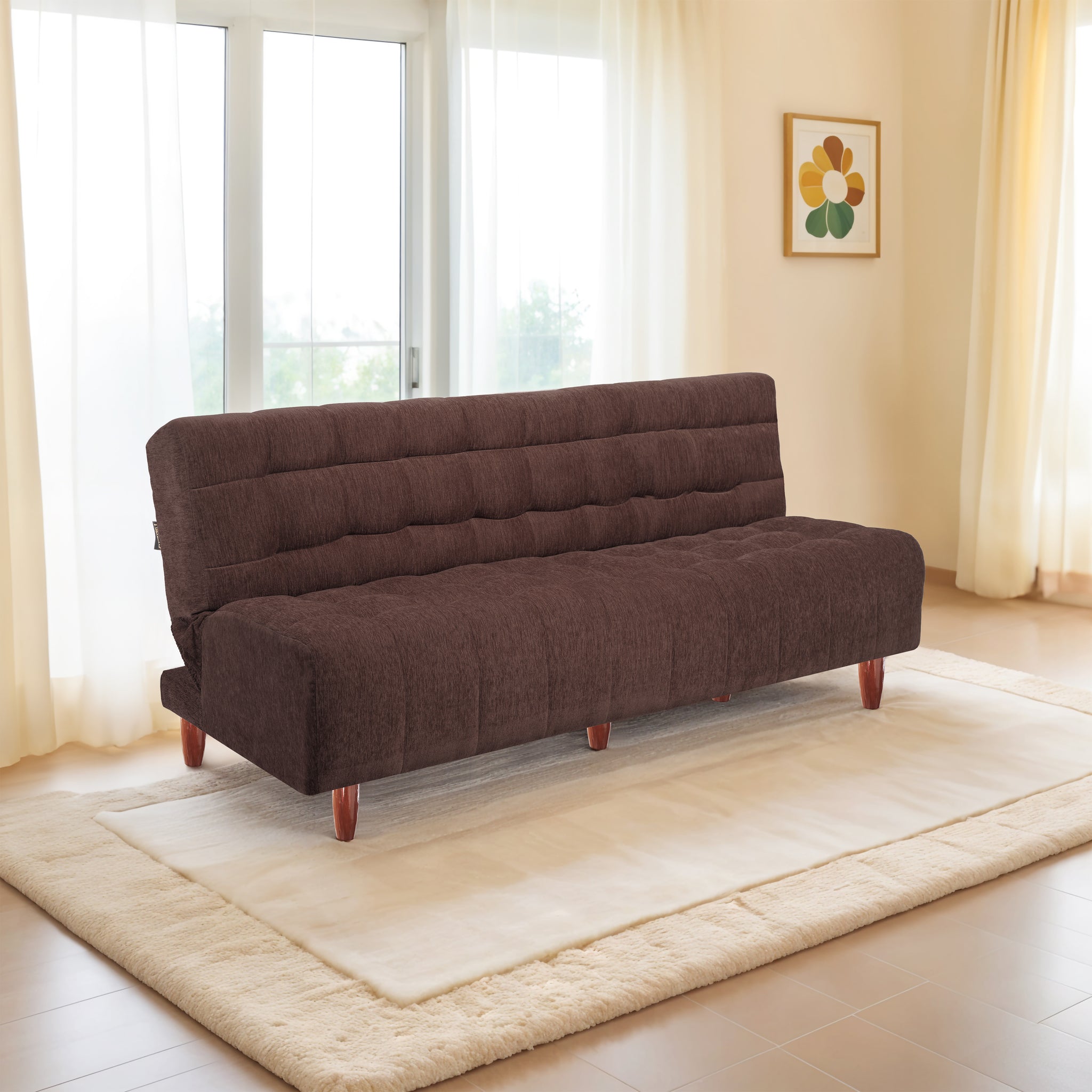 Florida Neo 3 Seater Wooden Sofa Cum Bed - ( Premium Molfino Fabric- Brown )