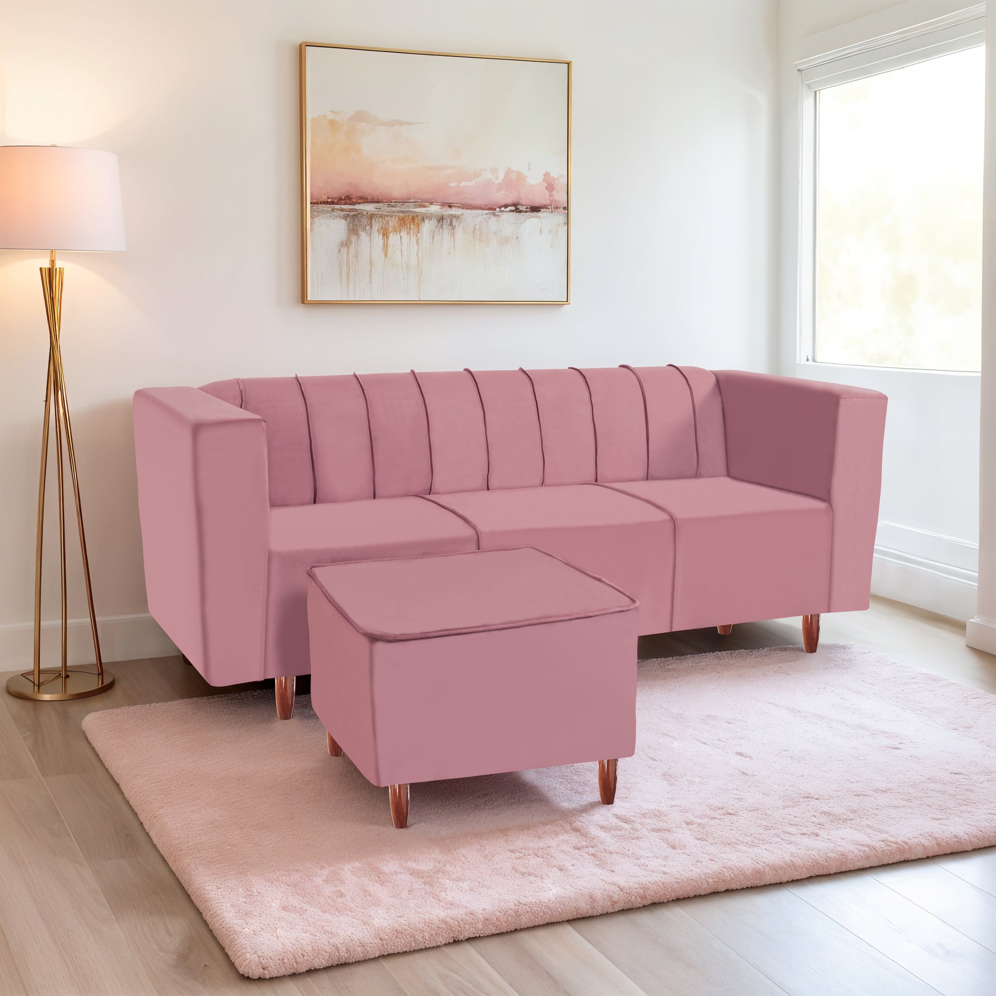 Sydney 4 Seater Sofa with Ottoman- ( Premium Holland Fabric- Peach )