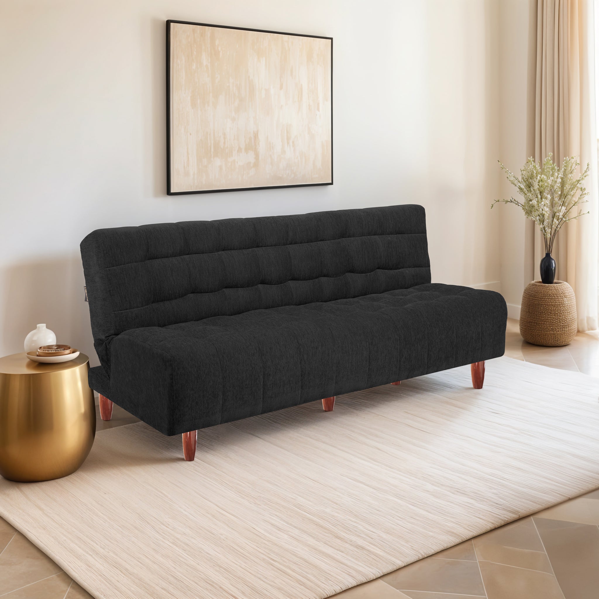 Florida Neo 3 Seater Wooden Sofa Cum Bed - ( Premium Molfino Fabric- Black )