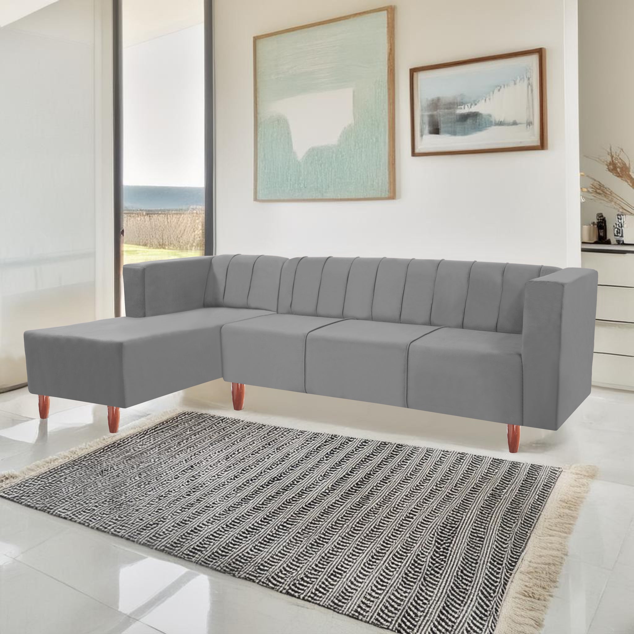 Sydney 6 Seater sofa left corner- ( Plush Suede Fabric- Grey )