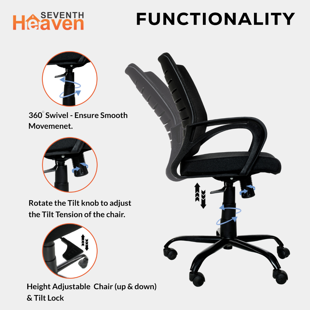 Seventh Heaven Blaze Mid Back c Office Chair for Work from Home | Study Chair | Revolving Chair | Computer Chair : 3 years warranty ( Heavy Duty Powder Coated Metal Base, Black )