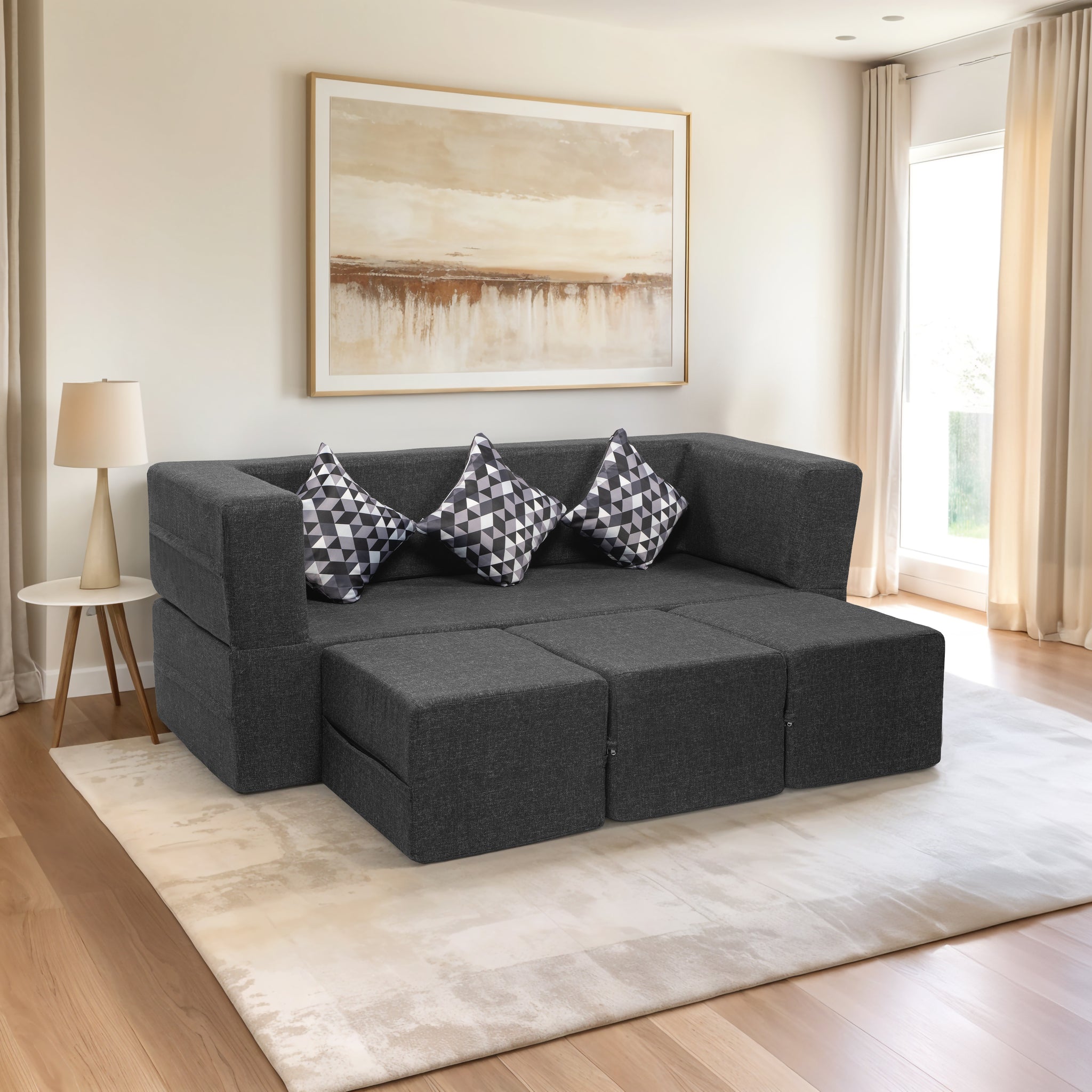 Flipper X Sofa Cum Bed - 3 Seater With 3 Ottoman - Printed Cushions ( Jute Fabric, Dark Grey )