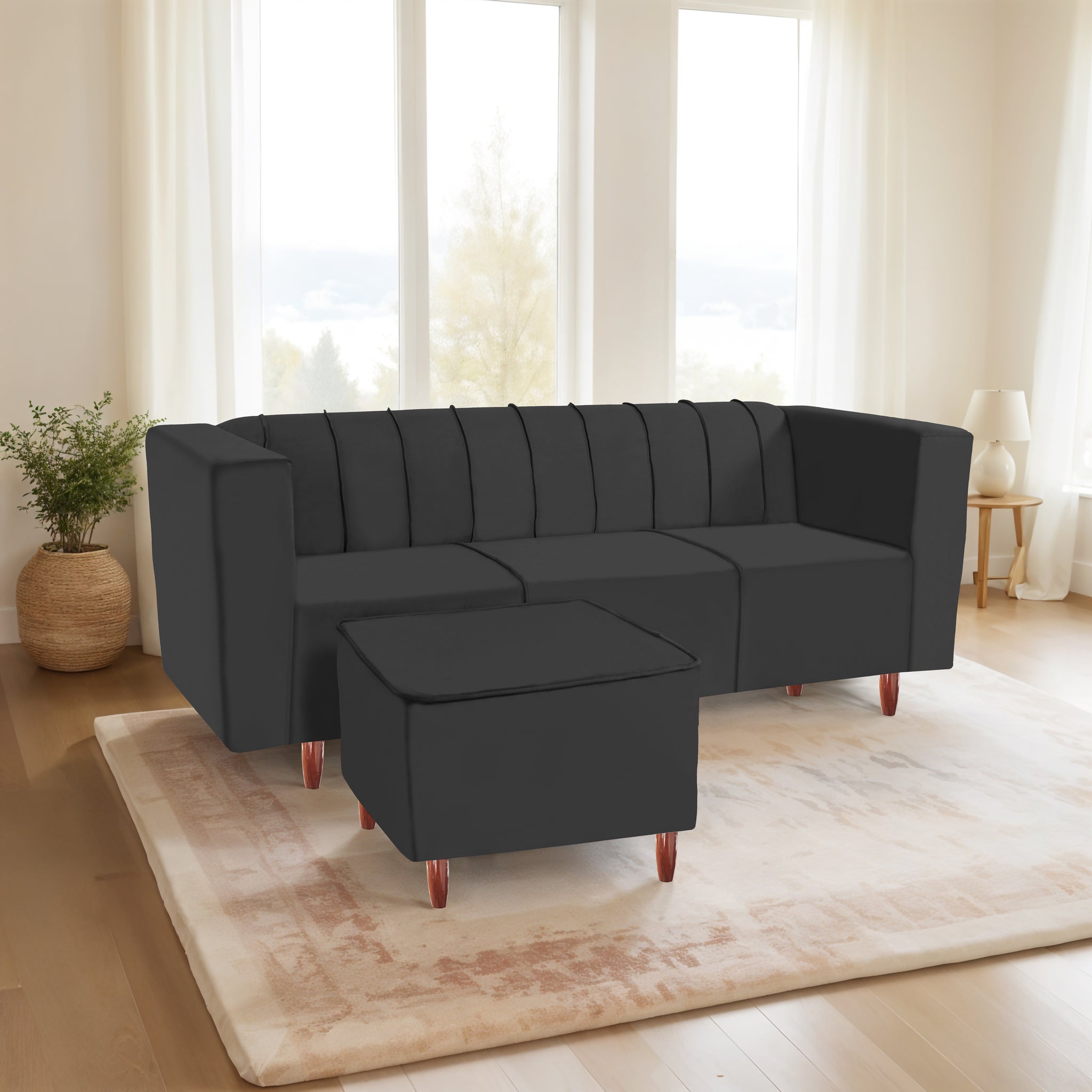 Sydney 4 Seater Sofa with Ottoman- ( Premium Holland Fabric- Black )