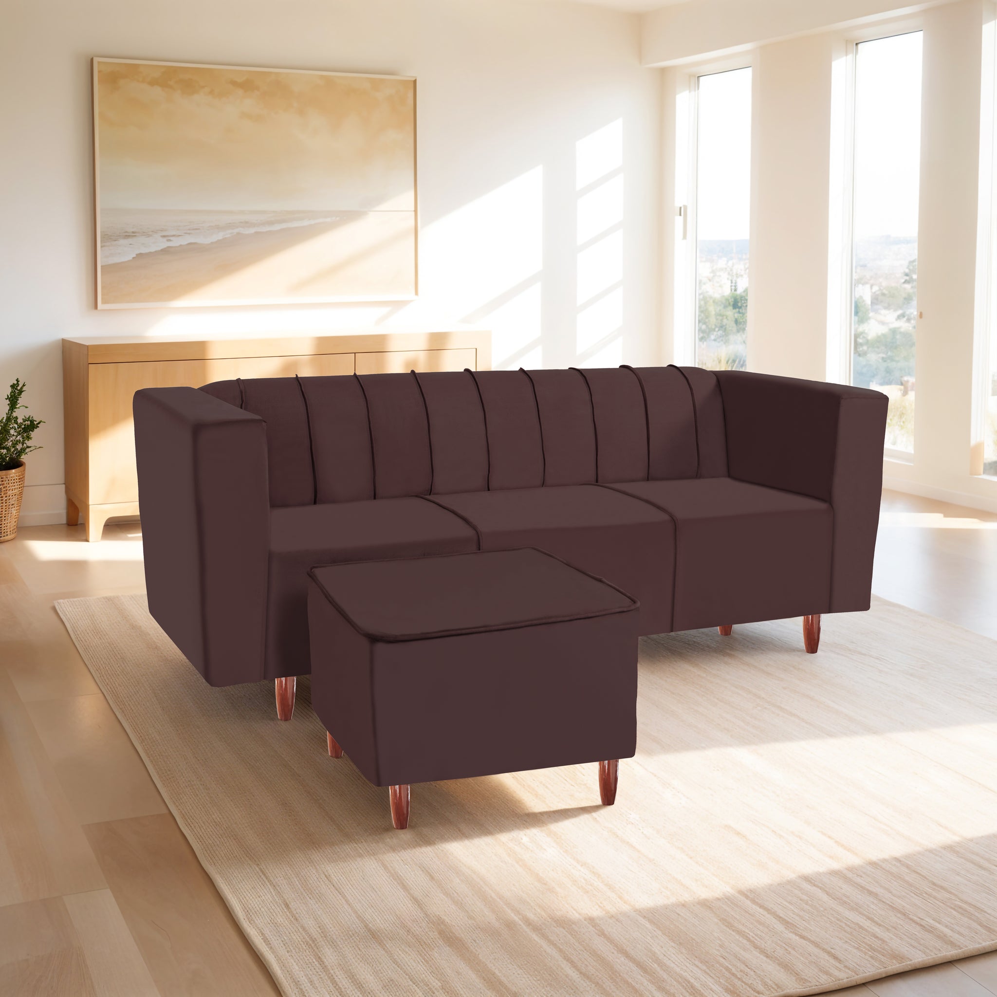 Sydney 4 Seater Sofa with Ottoman- ( Premium Holland Fabric- Brown )