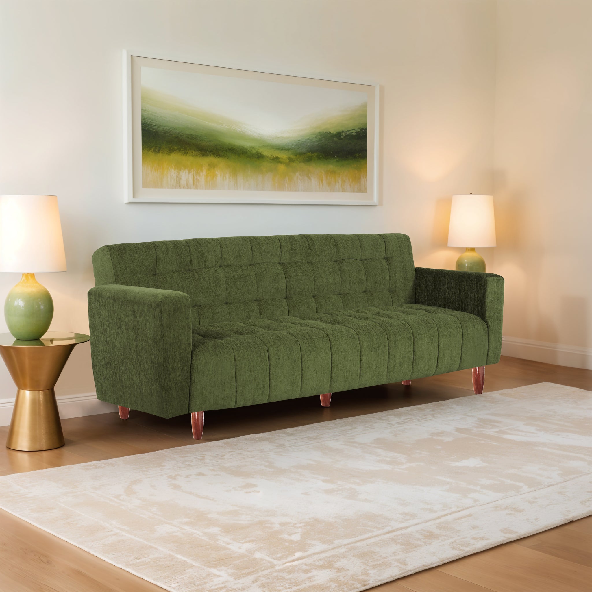 Lisbon Neo 4 Seater Wooden Sofa Cum Bed - ( Premium Molfino Fabric- Green)