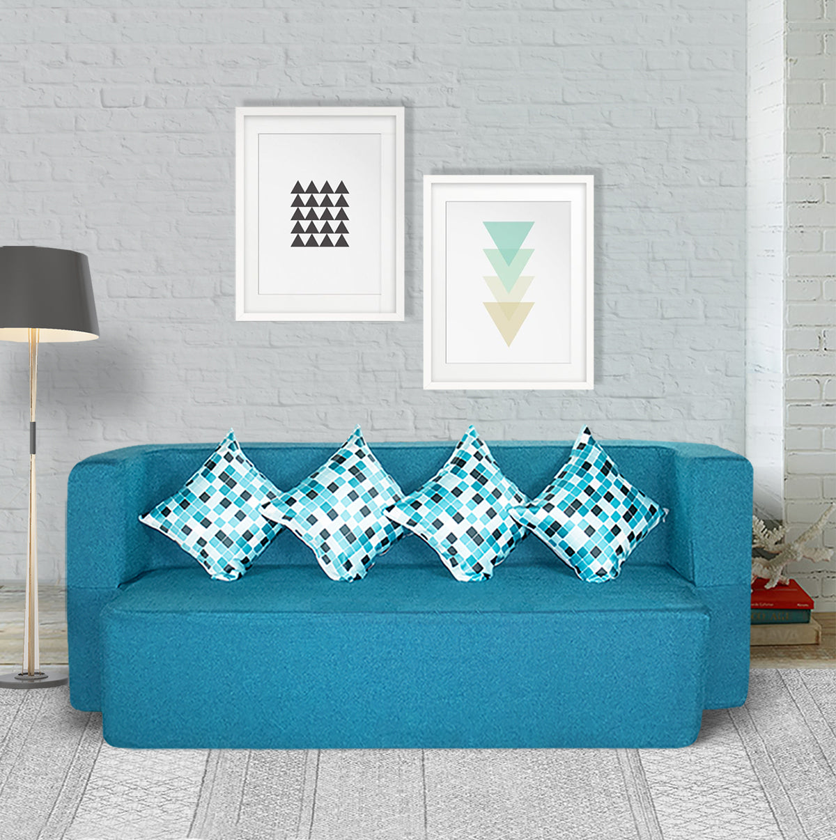 Flipper X Sofa Cum Bed - 3 Seater, Printed Cushion ( Jute Fabric,  Sky Blue )