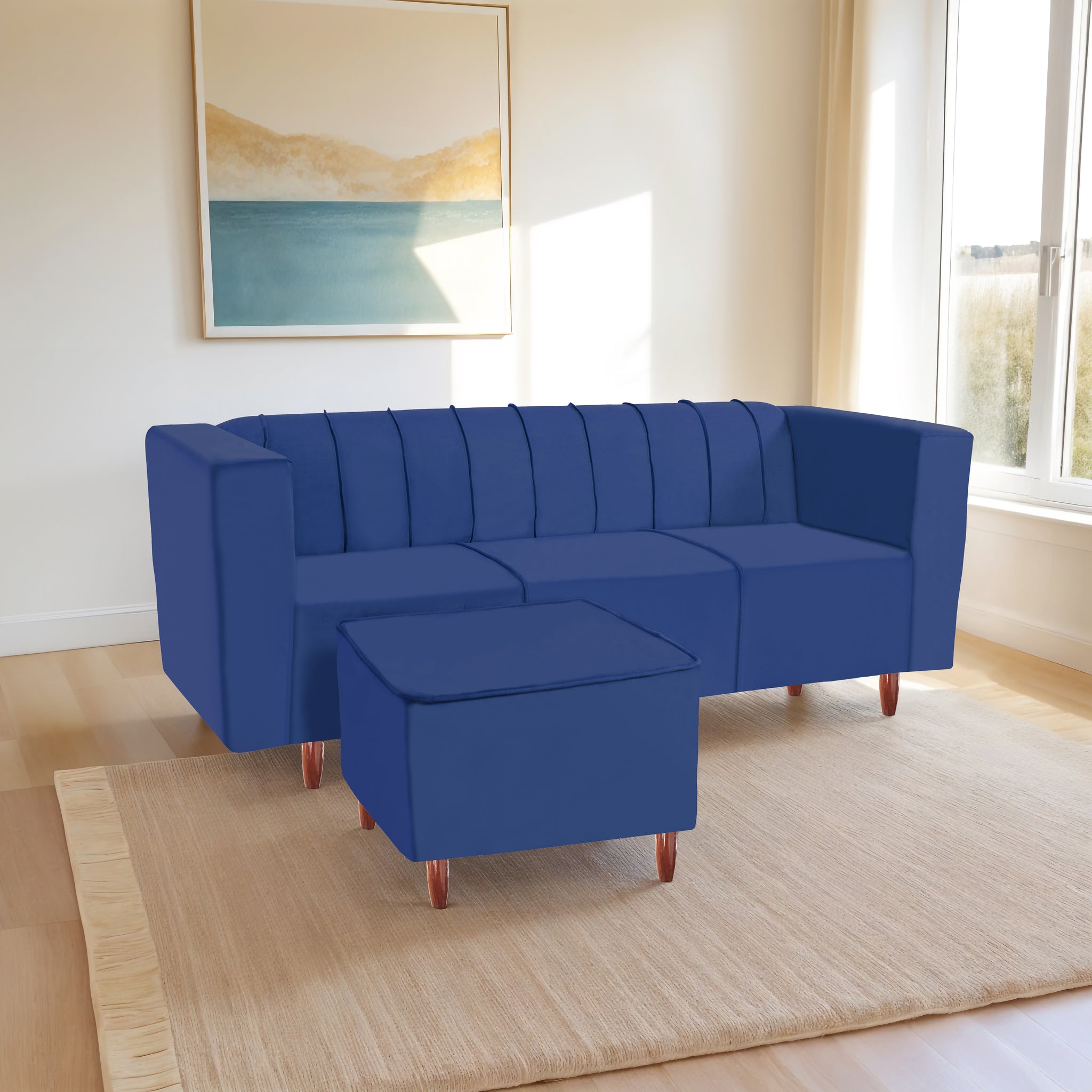 Sydney 4 Seater Sofa with Ottoman- ( Premium Holland Fabric- Blue )