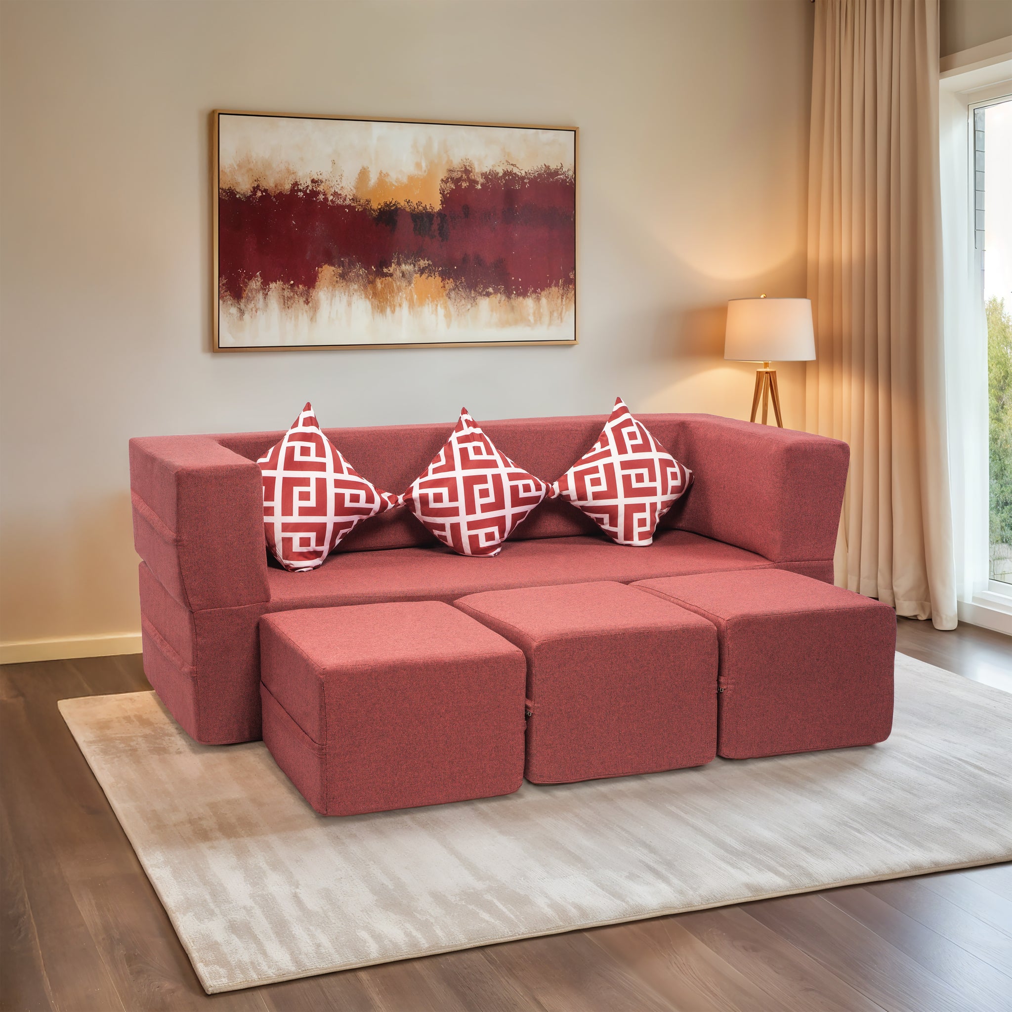 Flipper X Sofa Cum Bed - 3 Seater With 3 Ottoman - Printed Cushions ( Jute Fabric, Maroon )