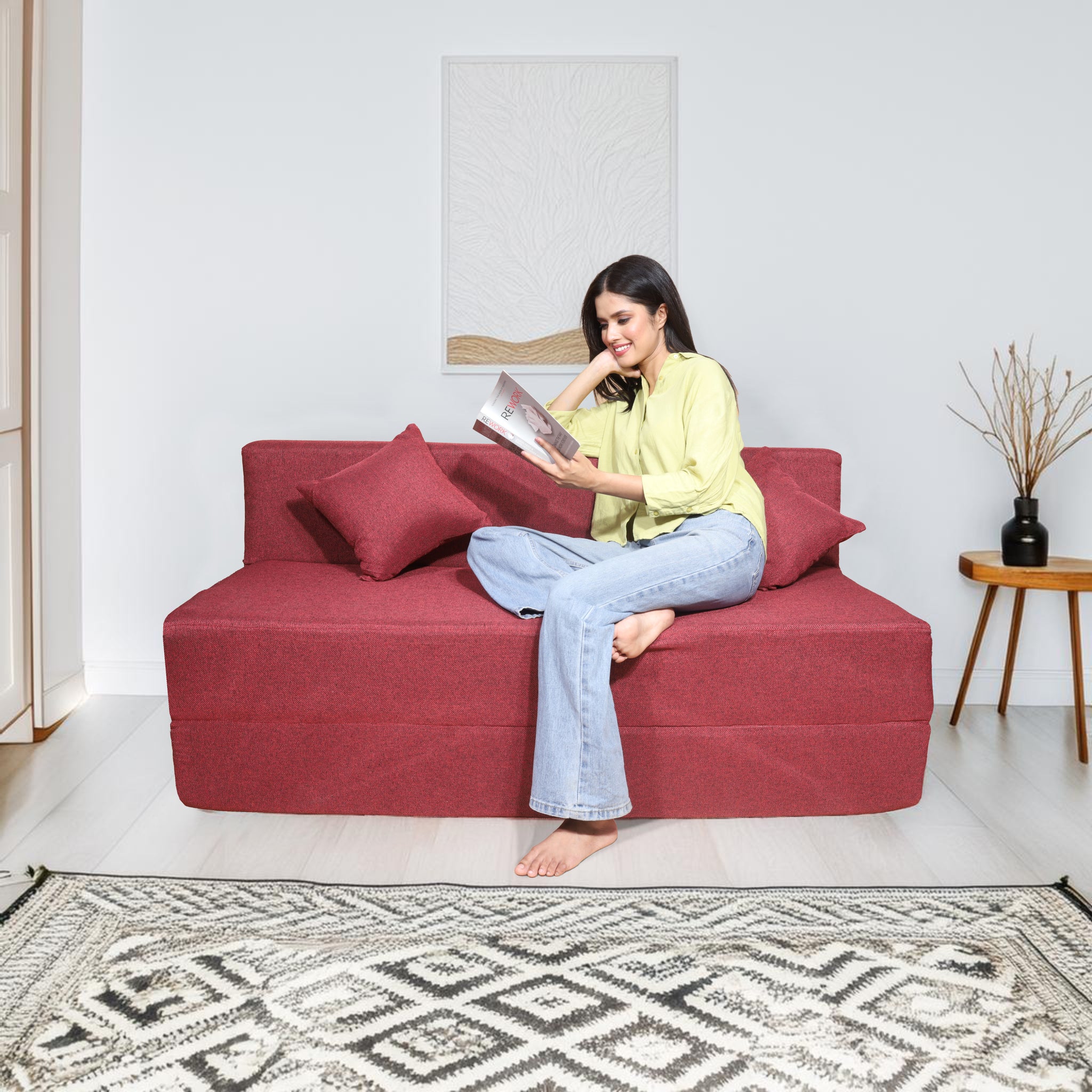 Seventh Heaven 3 Seater 6×5  Premium Jute Fabric Washable Cover Sofa cum Bed 3 Seater Double Foam Fold Out Sofa  Bed With 2 Same Cushions (Finish Color - Maroon Delivery Condition - Pre-assembled)