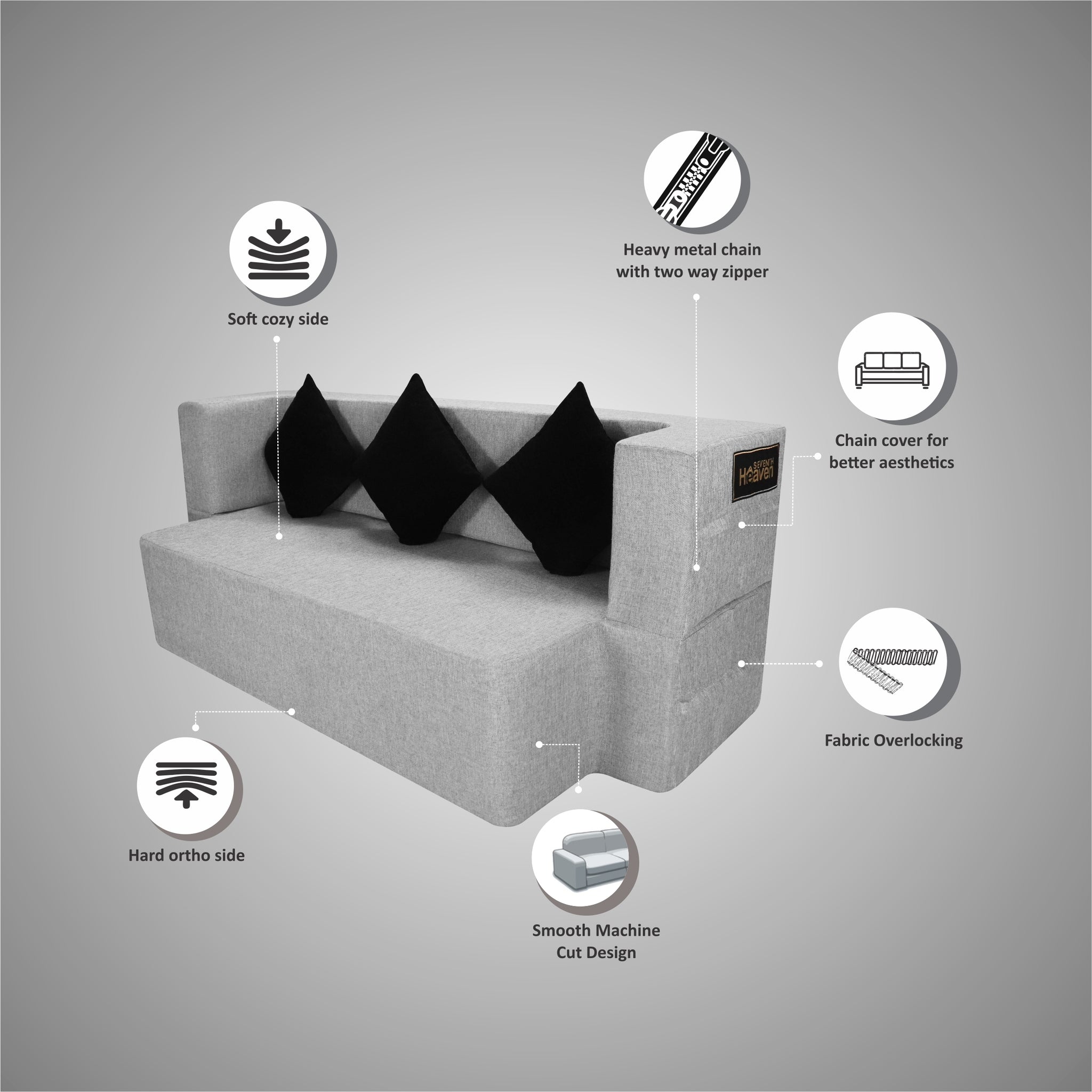 Flipper X Sofa Cum Bed - 3  Seater, Black Cushion ( Jute Fabric, Light Grey )