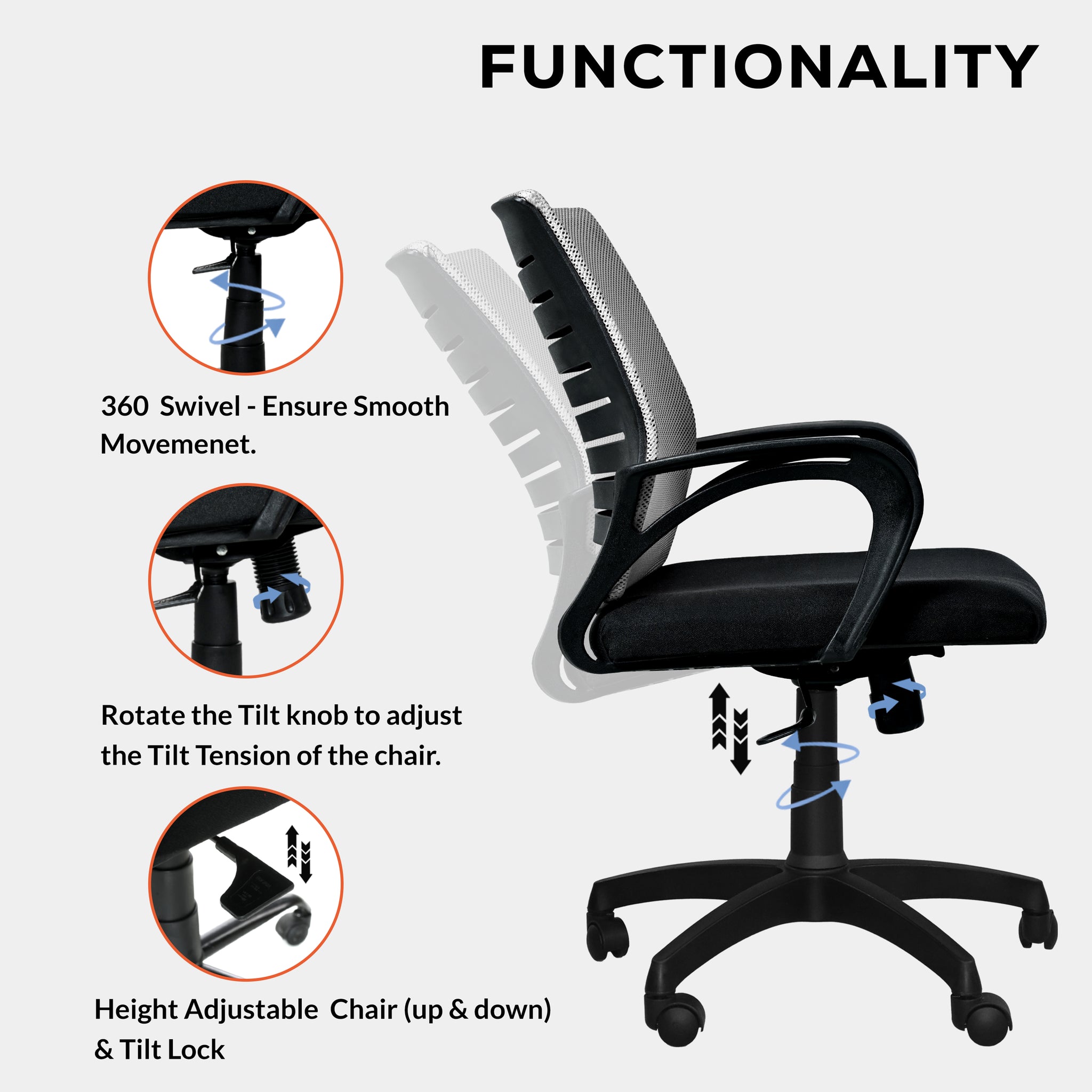 Bolt Mid-Back (Nylon Base) Office Chair – Ergonomic, Durable & Versatile (Grey Mesh)